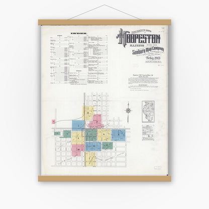 Old map wall art mockup — magnetic wood frame on white wall — Sanborn Fire Insurance Map from Hoopeston, Vermilion County, Illinois (1913), Sheet #0001
