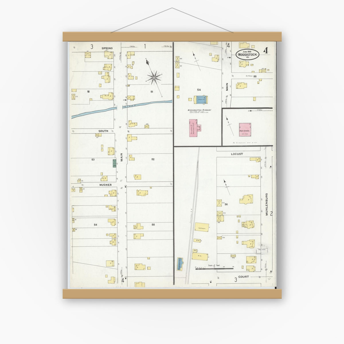 Old map wall art mockup — magnetic wood frame on white wall — Sanborn Fire Insurance Map from Woodstock, Shenandoah County, Virginia (1909), Sheet #0004