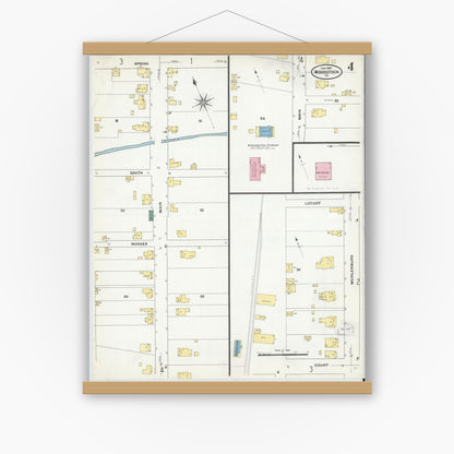 Old map wall art mockup — magnetic wood frame on white wall — Sanborn Fire Insurance Map from Woodstock, Shenandoah County, Virginia (1909), Sheet #0004