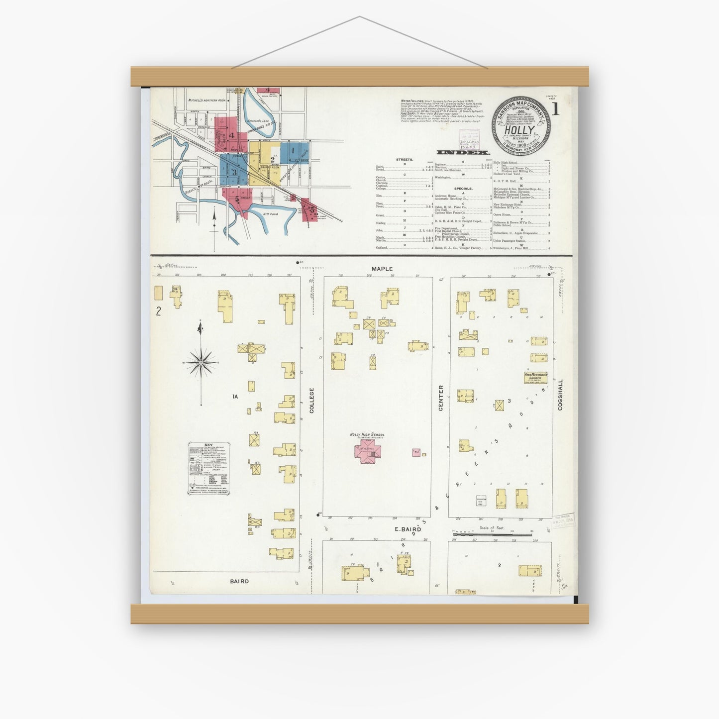 Old map wall art mockup — magnetic wood frame on white wall — Sanborn Fire Insurance Map from Holly, Oakland County, Michigan (1908) - Complete Map Set