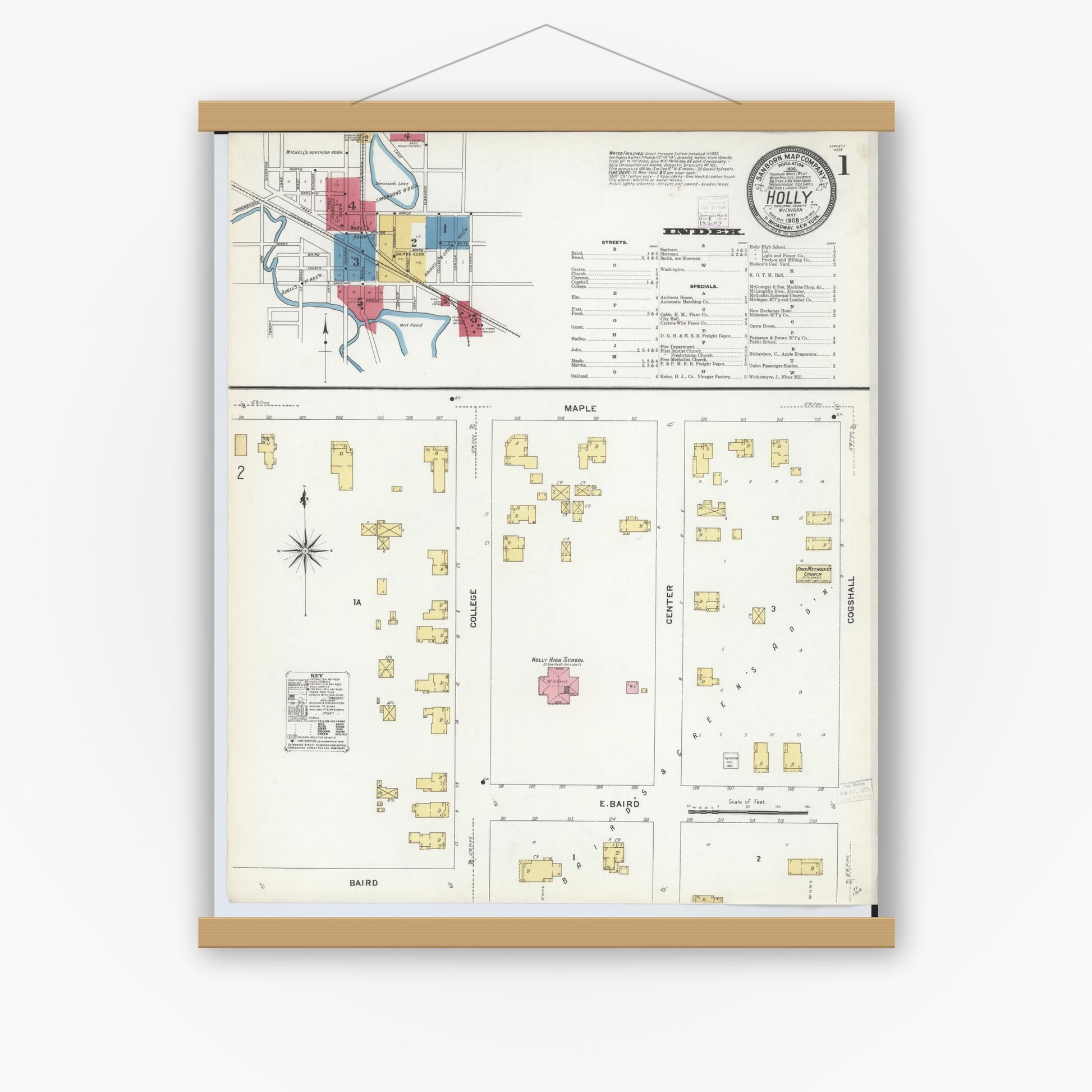 Old map wall art mockup — magnetic wood frame on white wall — Sanborn Fire Insurance Map from Holly, Oakland County, Michigan (1908) - Complete Map Set