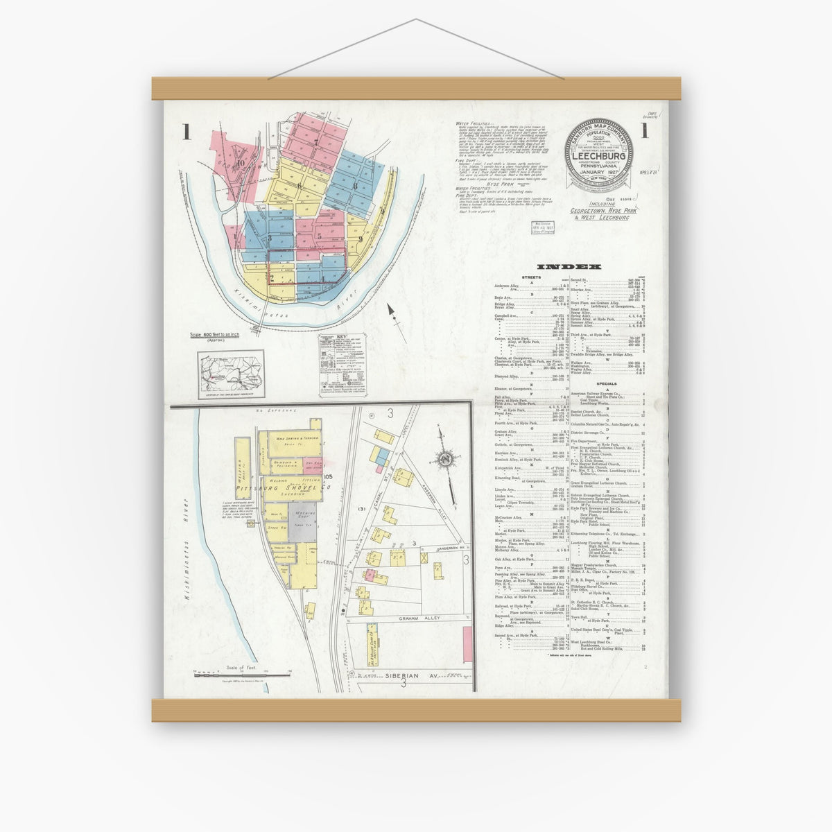 Old map wall art mockup — magnetic wood frame on white wall — Sanborn Fire Insurance Map from Leechburg, Armstrong County, Pennsylvania (1927), Sheet #0001