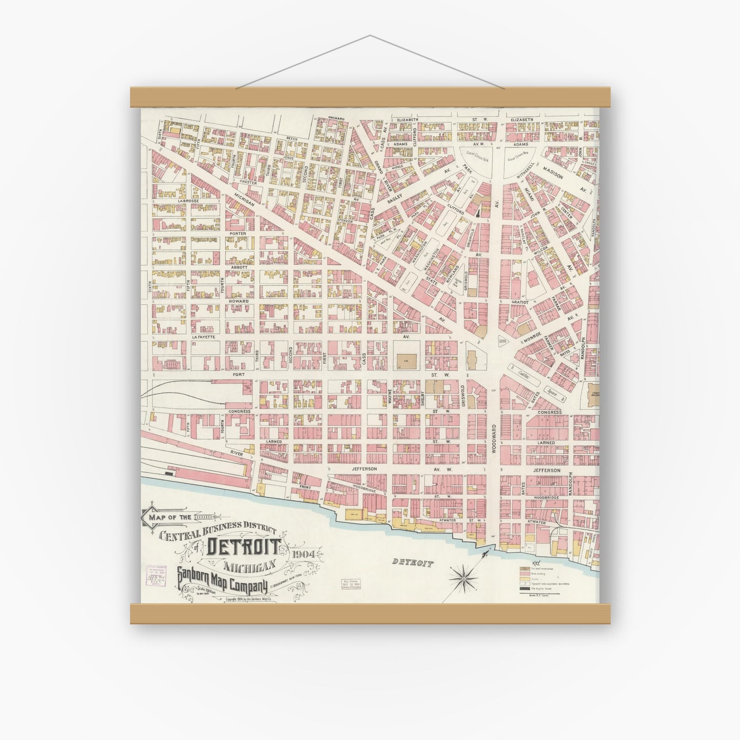 Old map wall art mockup — magnetic wood frame on white wall — Sanborn Fire Insurance Map from Detroit, Wayne County, Michigan (1904), Sheet #0001