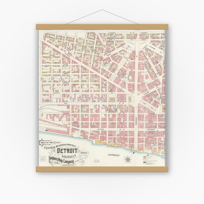 Old map wall art mockup — magnetic wood frame on white wall — Sanborn Fire Insurance Map from Detroit, Wayne County, Michigan (1904), Sheet #0001