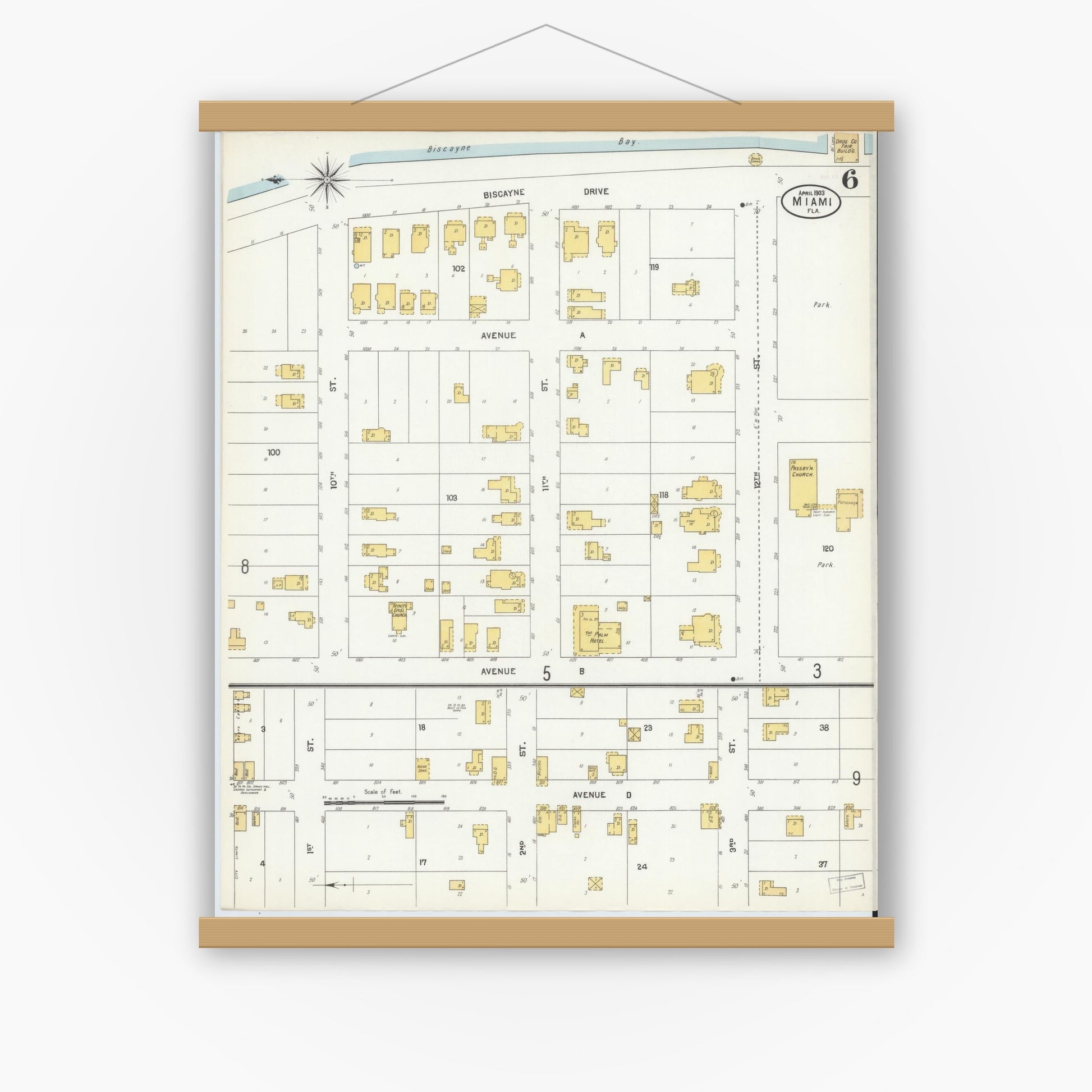 Old map wall art mockup — magnetic wood frame on white wall — Sanborn Fire Insurance Map from Miami, Dade County, Florida (1903), Sheet #0006