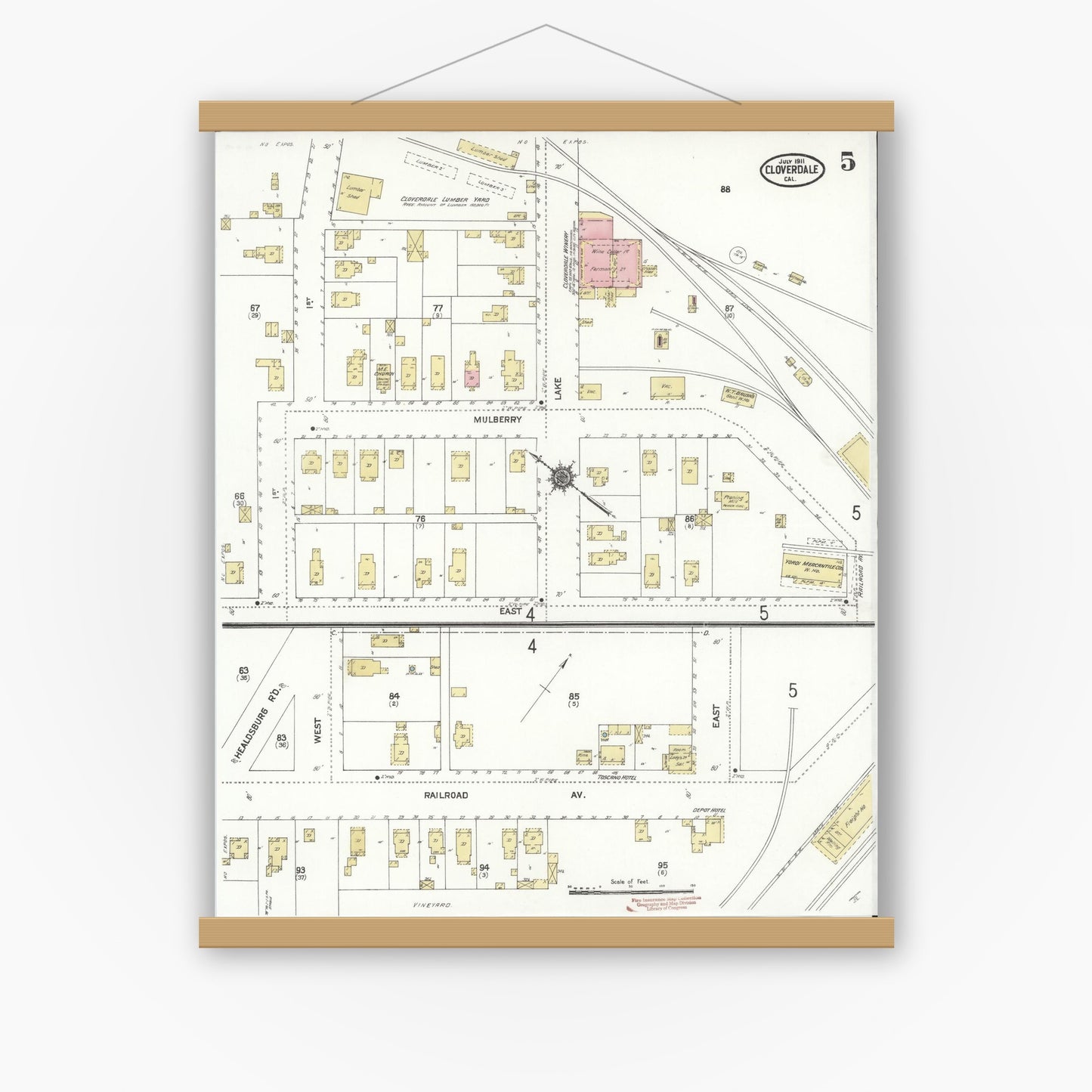 Old map wall art mockup — magnetic wood frame on white wall — Sanborn Fire Insurance Map from Cloverdale, Sonoma County, California (1911), Sheet #0005