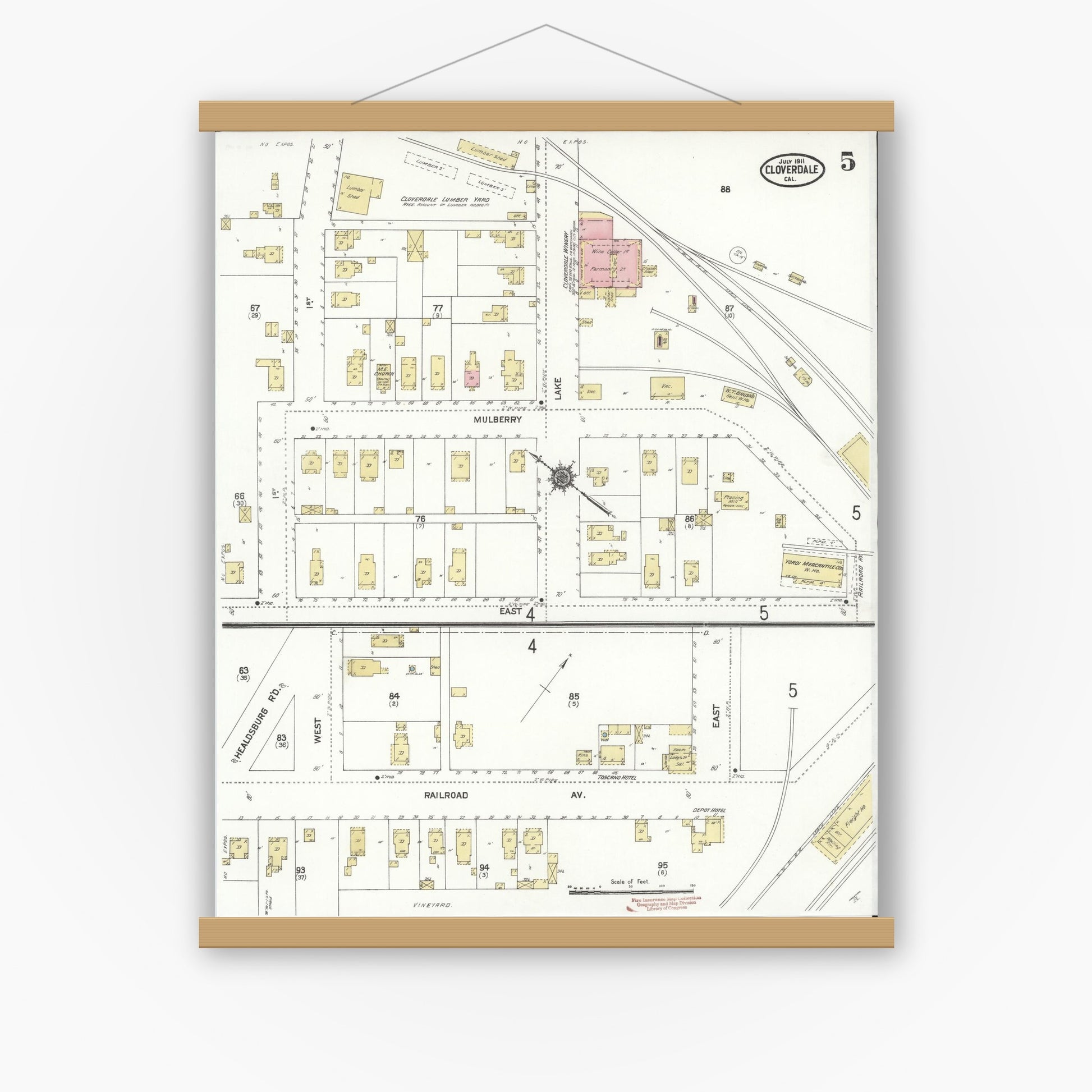 Old map wall art mockup — magnetic wood frame on white wall — Sanborn Fire Insurance Map from Cloverdale, Sonoma County, California (1911), Sheet #0005