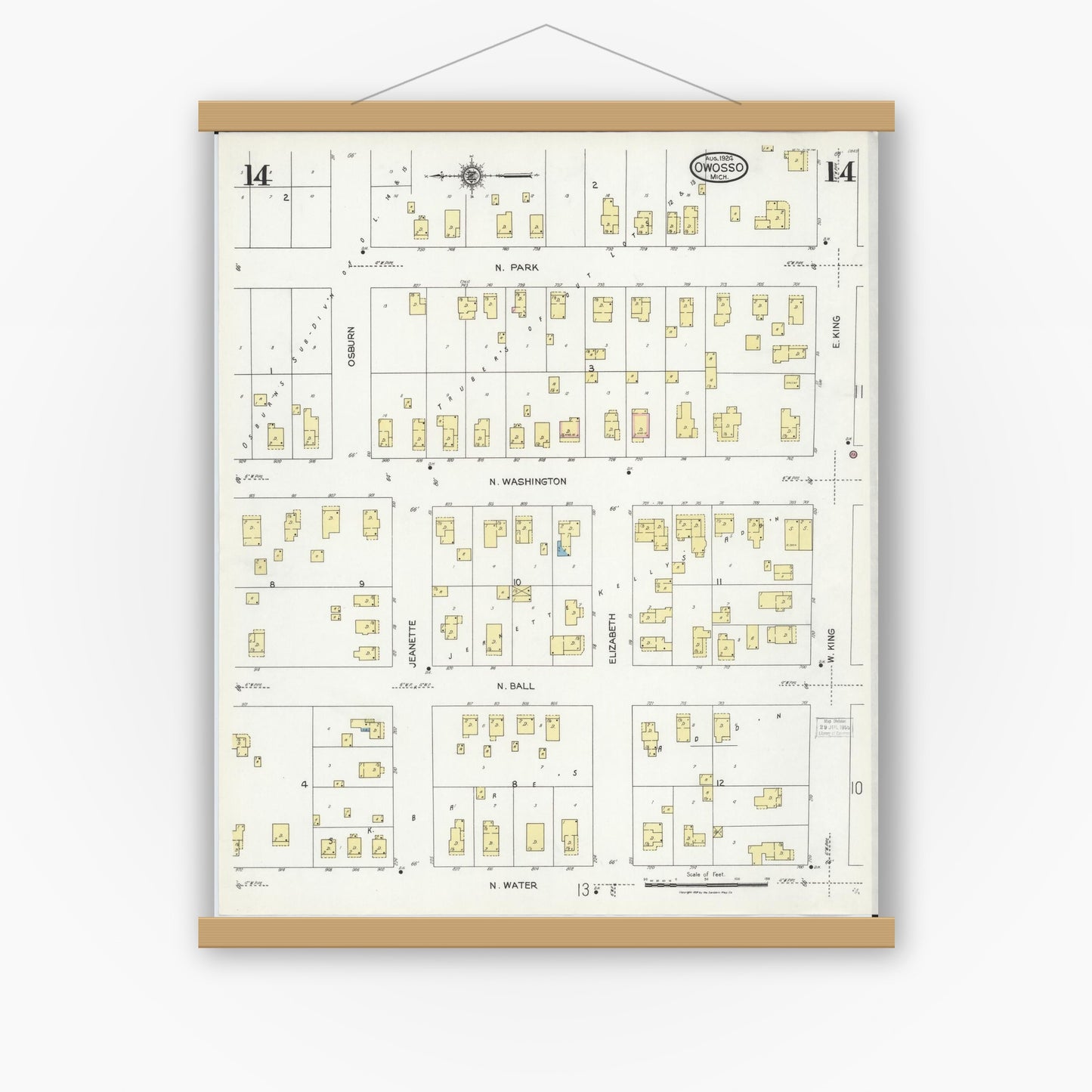 Old map wall art mockup — magnetic wood frame on white wall — Sanborn Fire Insurance Map from Owosso, Shiawassee County, Michigan (1924), Sheet #0014