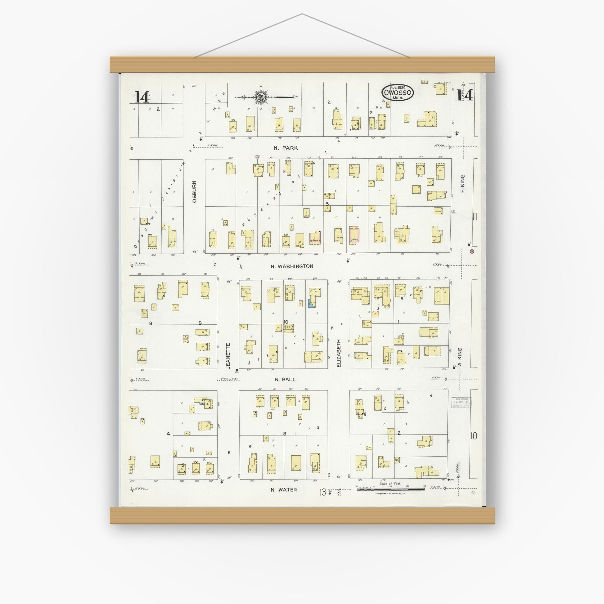 Old map wall art mockup — magnetic wood frame on white wall — Sanborn Fire Insurance Map from Owosso, Shiawassee County, Michigan (1924), Sheet #0014