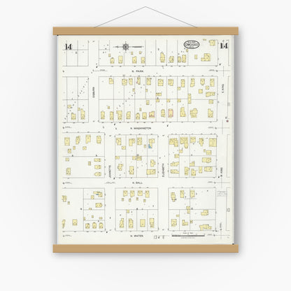 Old map wall art mockup — magnetic wood frame on white wall — Sanborn Fire Insurance Map from Owosso, Shiawassee County, Michigan (1924), Sheet #0014