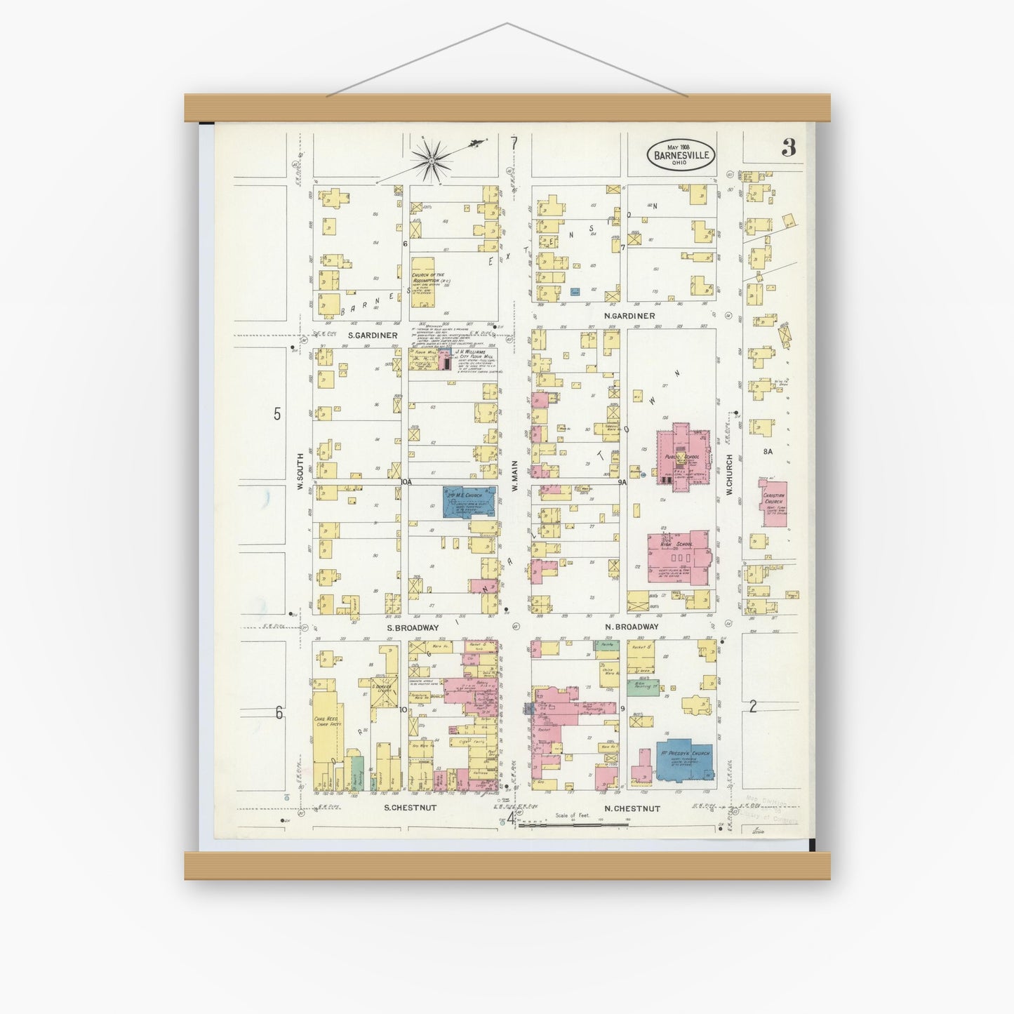 Old map wall art mockup — magnetic wood frame on white wall — Sanborn Fire Insurance Map from Barnesville, Belmont County, Ohio (1908), Sheet #0003
