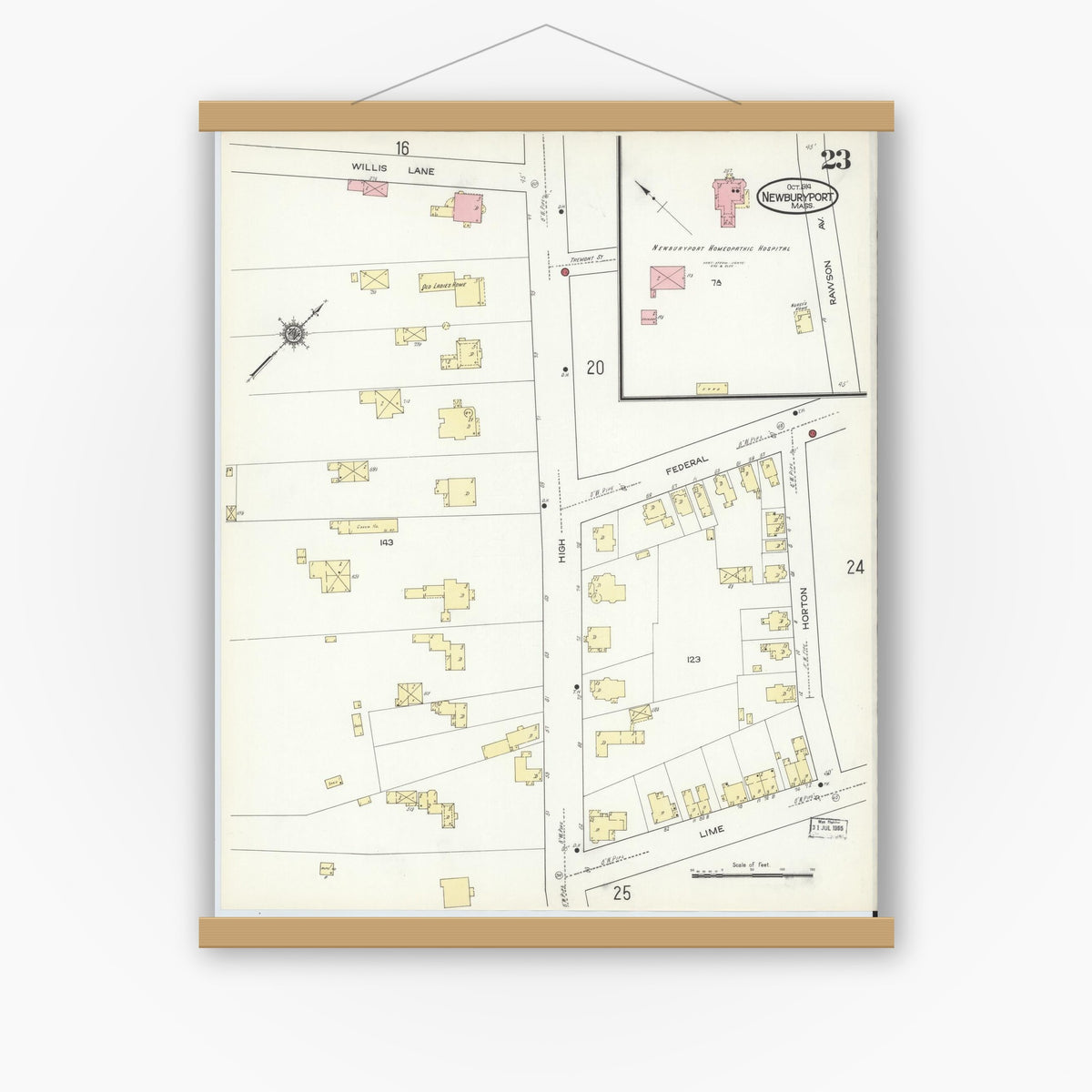 Old map wall art mockup — magnetic wood frame on white wall — Sanborn Fire Insurance Map from Newburyport, Essex County, Massachusetts (1914), Sheet #0023