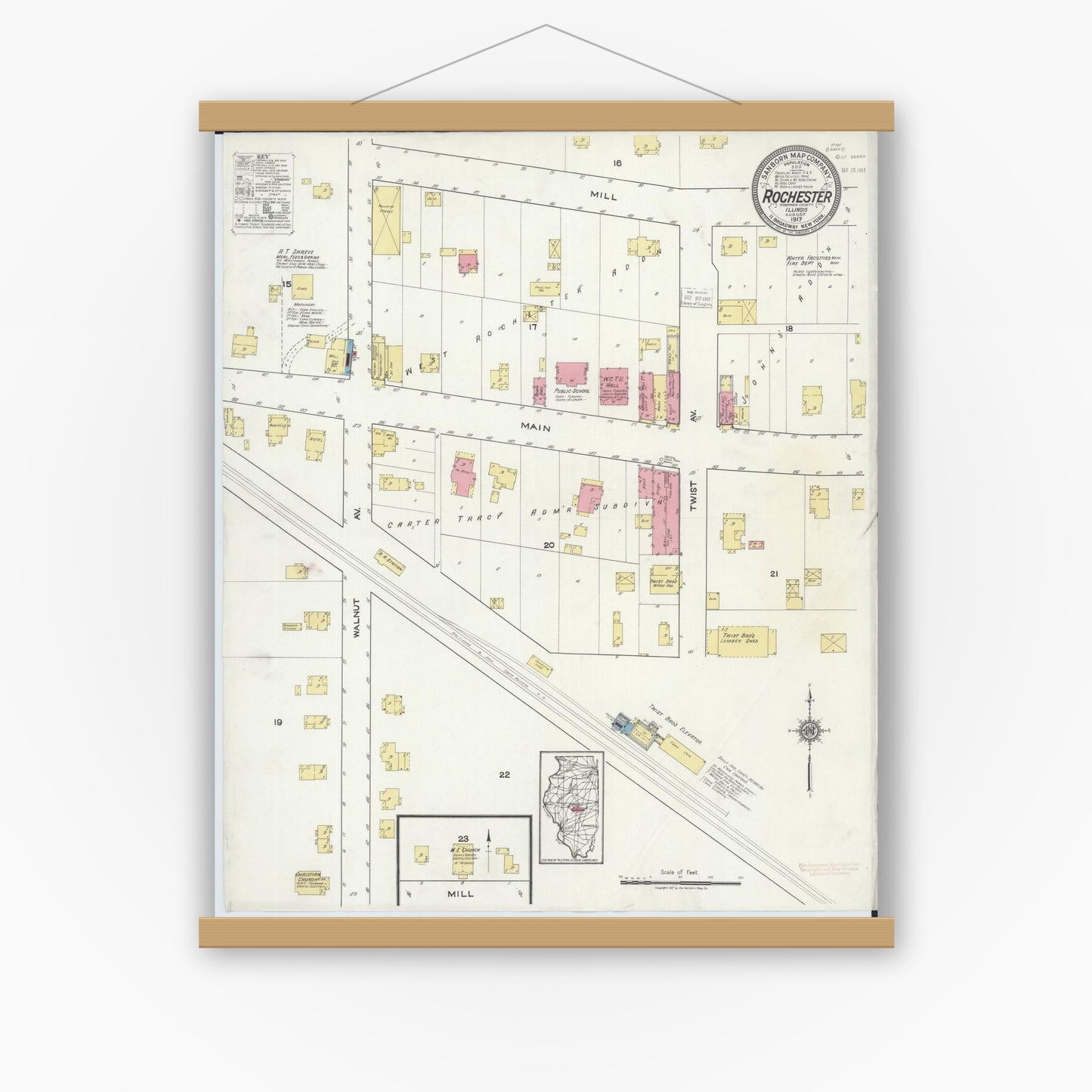 Old map wall art mockup — magnetic wood frame on white wall — Sanborn Fire Insurance Map from Rochester, Sangamon County, Illinois (1917), Sheet #0001