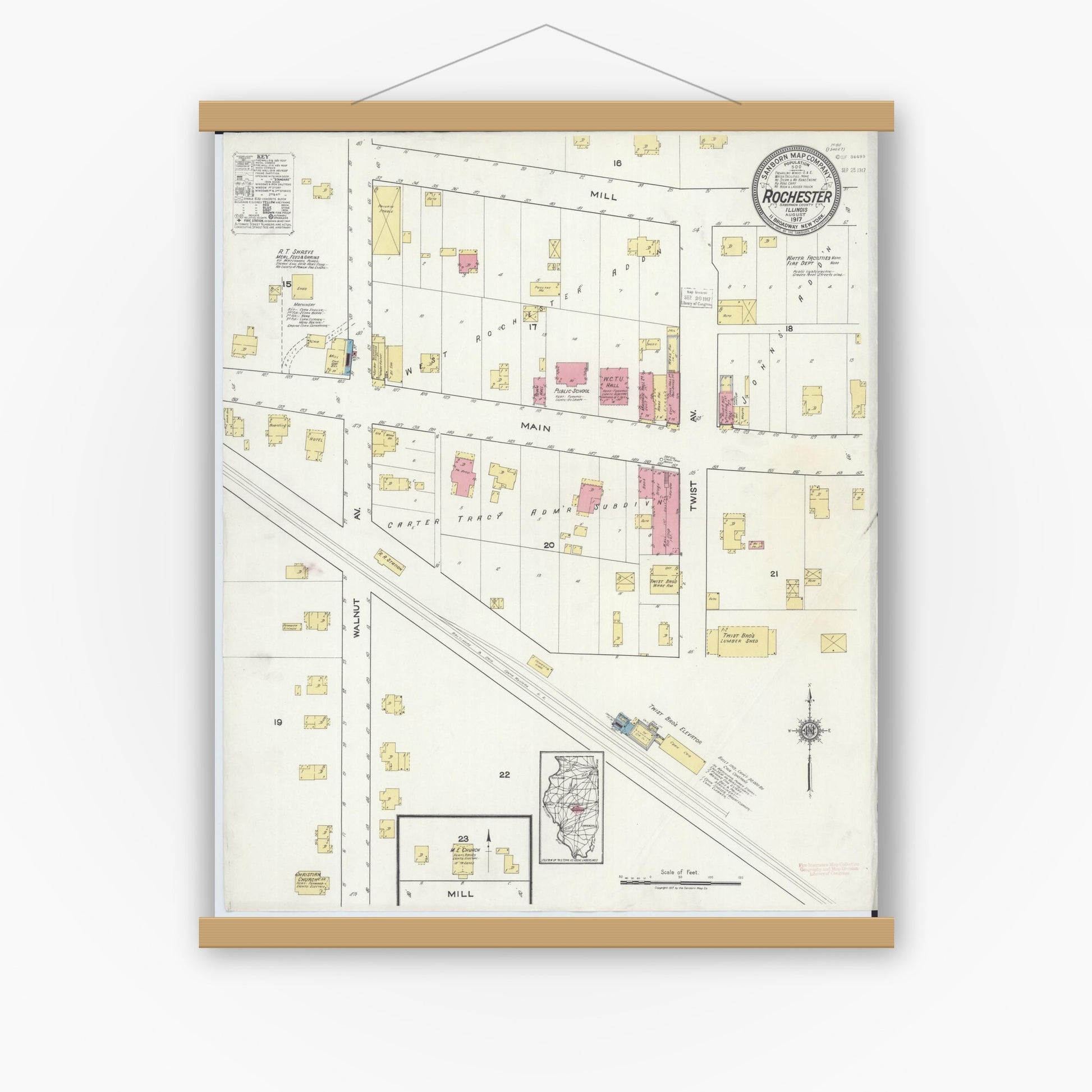 Old map wall art mockup — magnetic wood frame on white wall — Sanborn Fire Insurance Map from Rochester, Sangamon County, Illinois (1917), Sheet #0001