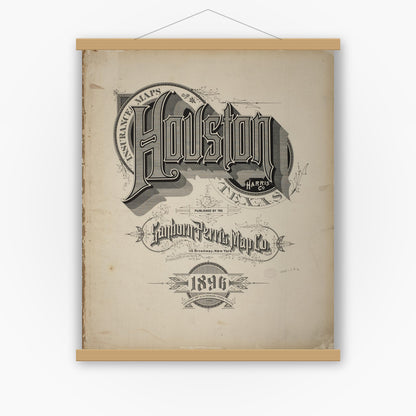 Old map wall art mockup — magnetic wood frame on white wall — Sanborn Fire Insurance Map from Houston, Harris County, Texas (1896), Sheet #0001