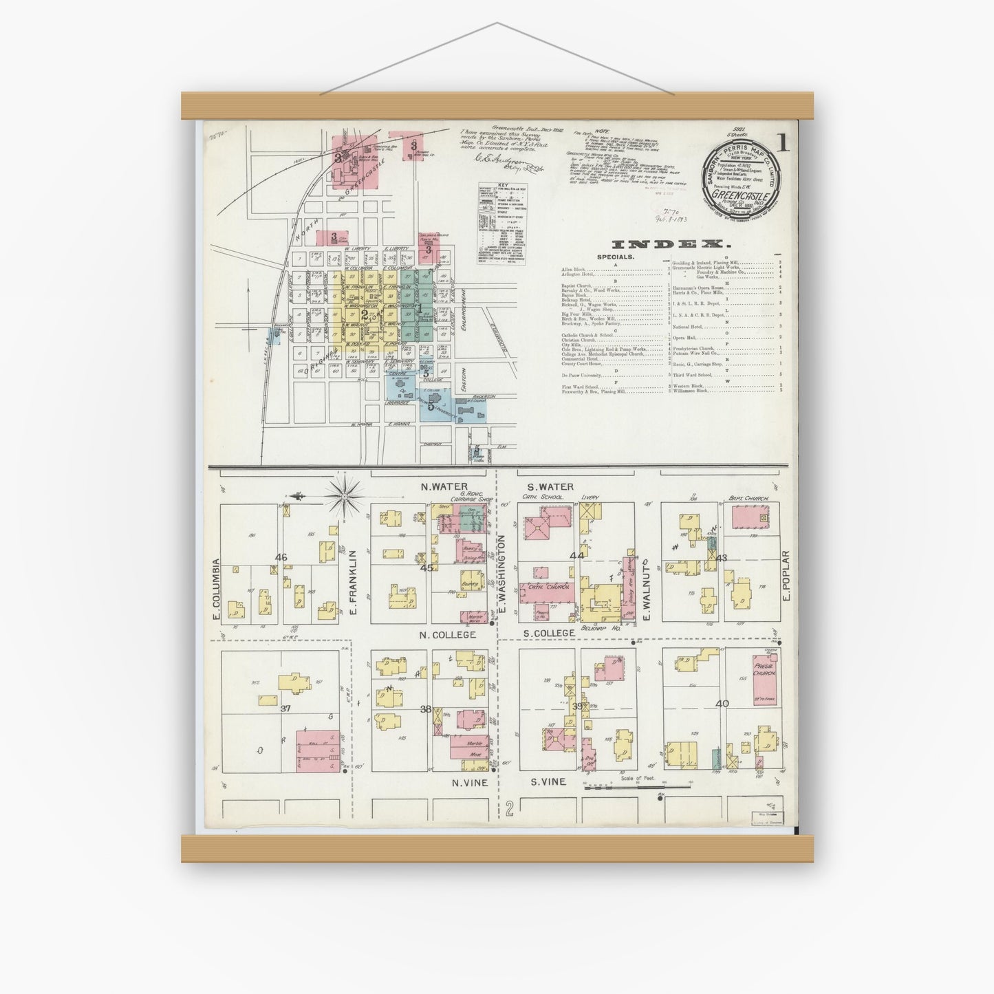 Old map wall art mockup — magnetic wood frame on white wall — Sanborn Fire Insurance Map from Greencastle, Putnam County, Indiana (1892) - Complete Map Set
