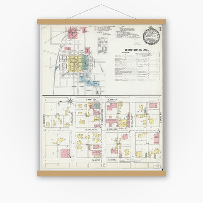 Old map wall art mockup — magnetic wood frame on white wall — Sanborn Fire Insurance Map from Greencastle, Putnam County, Indiana (1892) - Complete Map Set