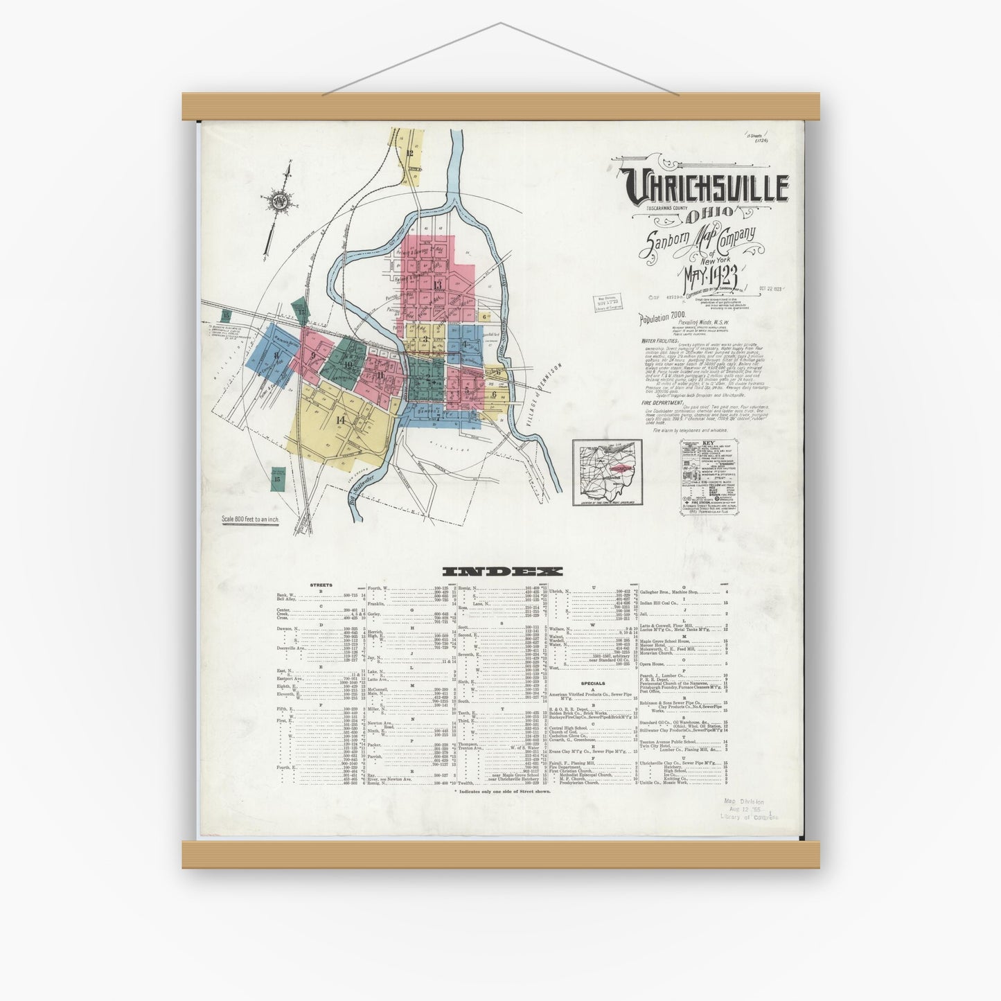 Old map wall art mockup — magnetic wood frame on white wall — Sanborn Fire Insurance Map from Uhrichsville, Tuscarawas County, Ohio (1923), Sheet #0001