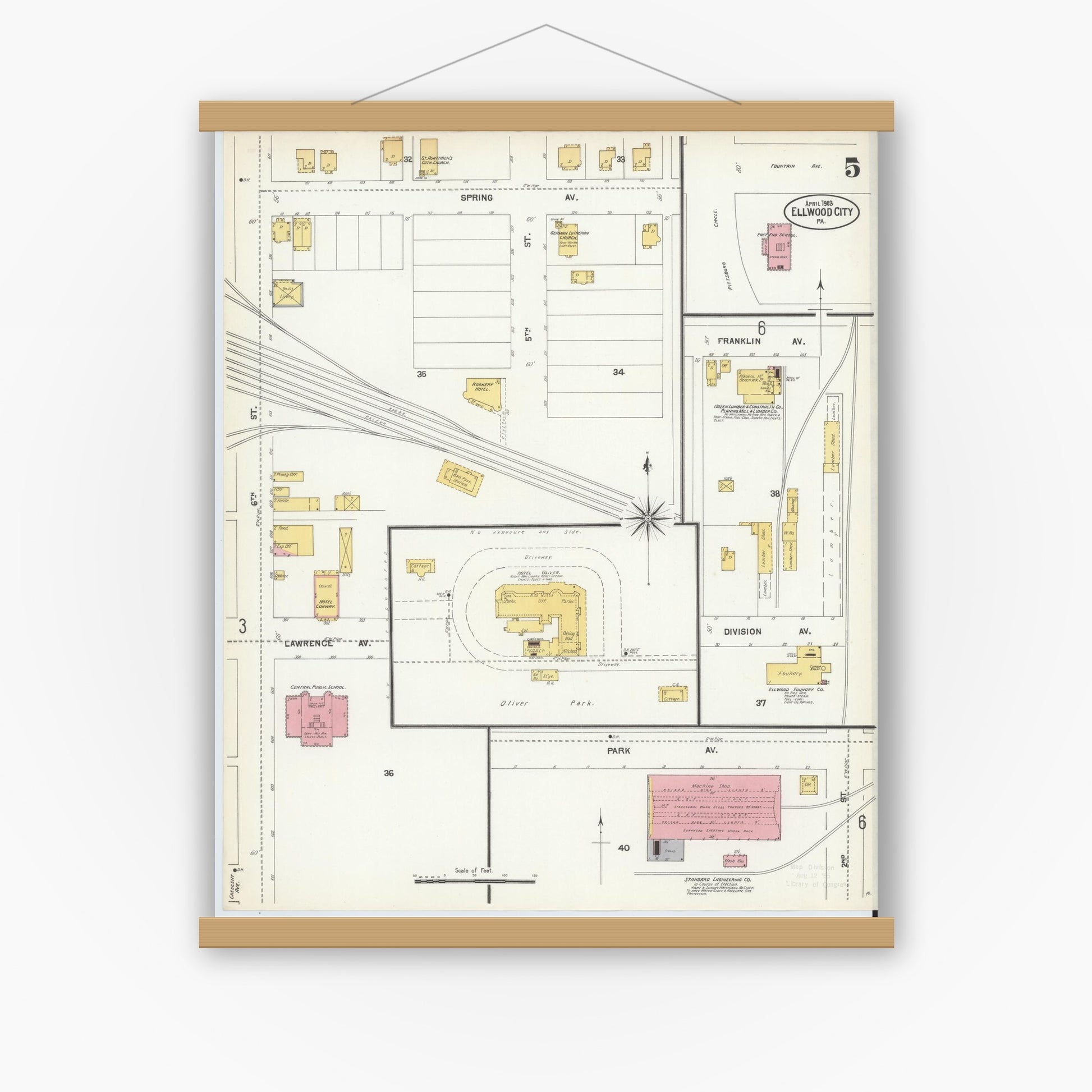 Old map wall art mockup — magnetic wood frame on white wall — Sanborn Fire Insurance Map from Ellwood City, Lawrence County, Pennsylvania (1903), Sheet #0005