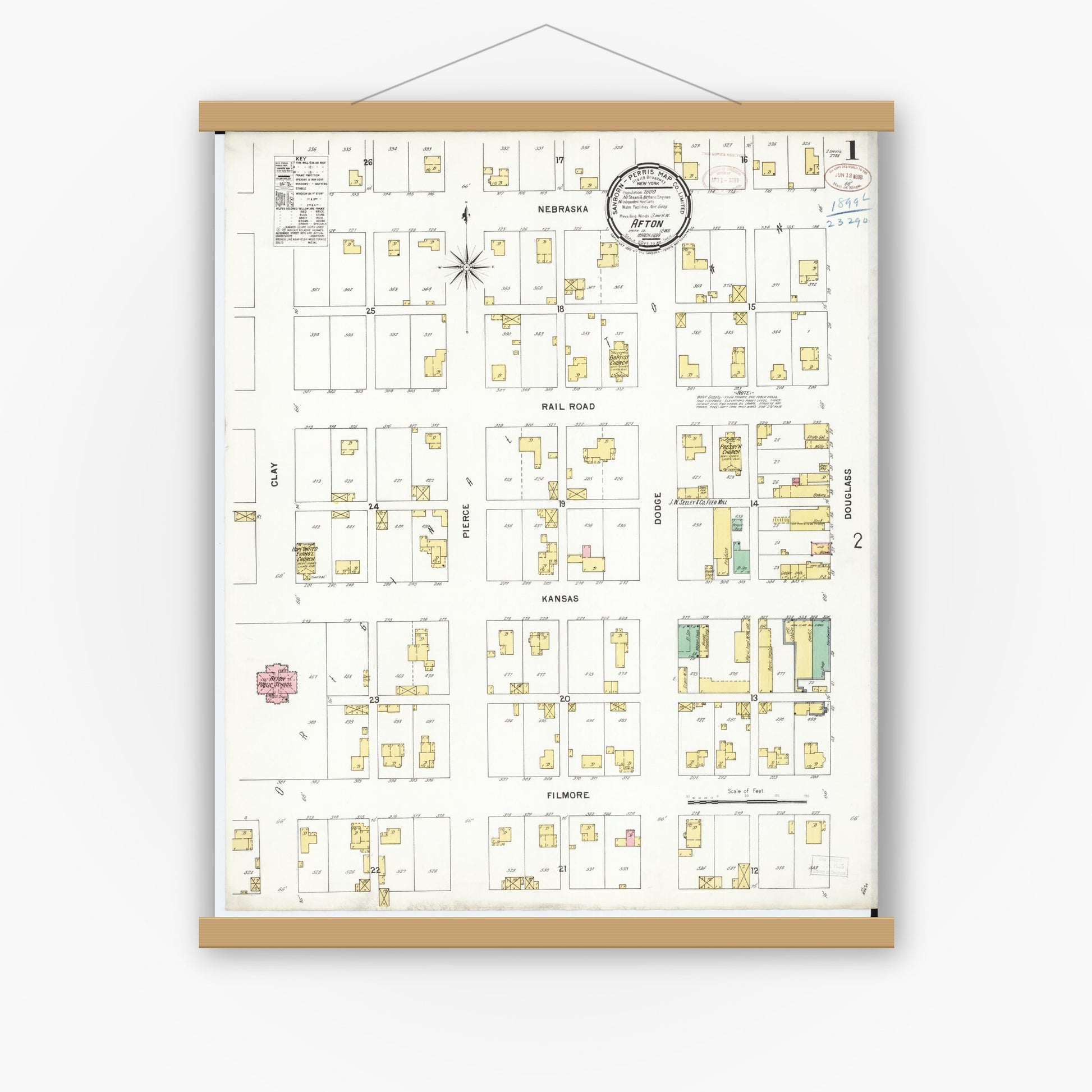 Old map wall art mockup — magnetic wood frame on white wall — Sanborn Fire Insurance Map from Afton, Union County, Iowa (1899) â€” Complete Set
