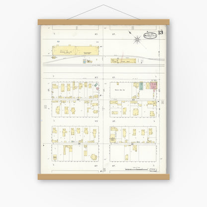 Old map wall art mockup — magnetic wood frame on white wall — Sanborn Fire Insurance Map from Modesto, Stanislaus County, California (1894), Sheet #0013