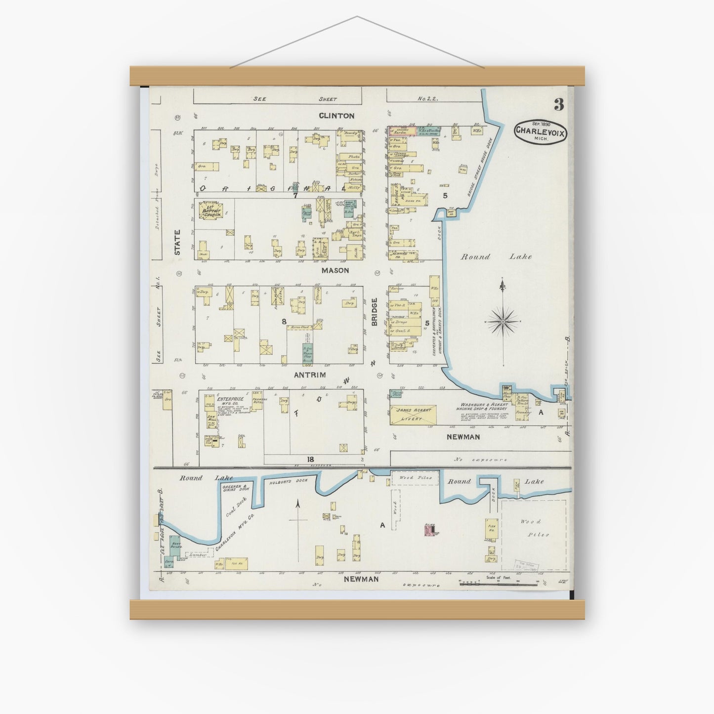Old map wall art mockup — magnetic wood frame on white wall — Sanborn Fire Insurance Map from Charlevoix, Charlevoix County, Michigan (1890), Sheet #0003