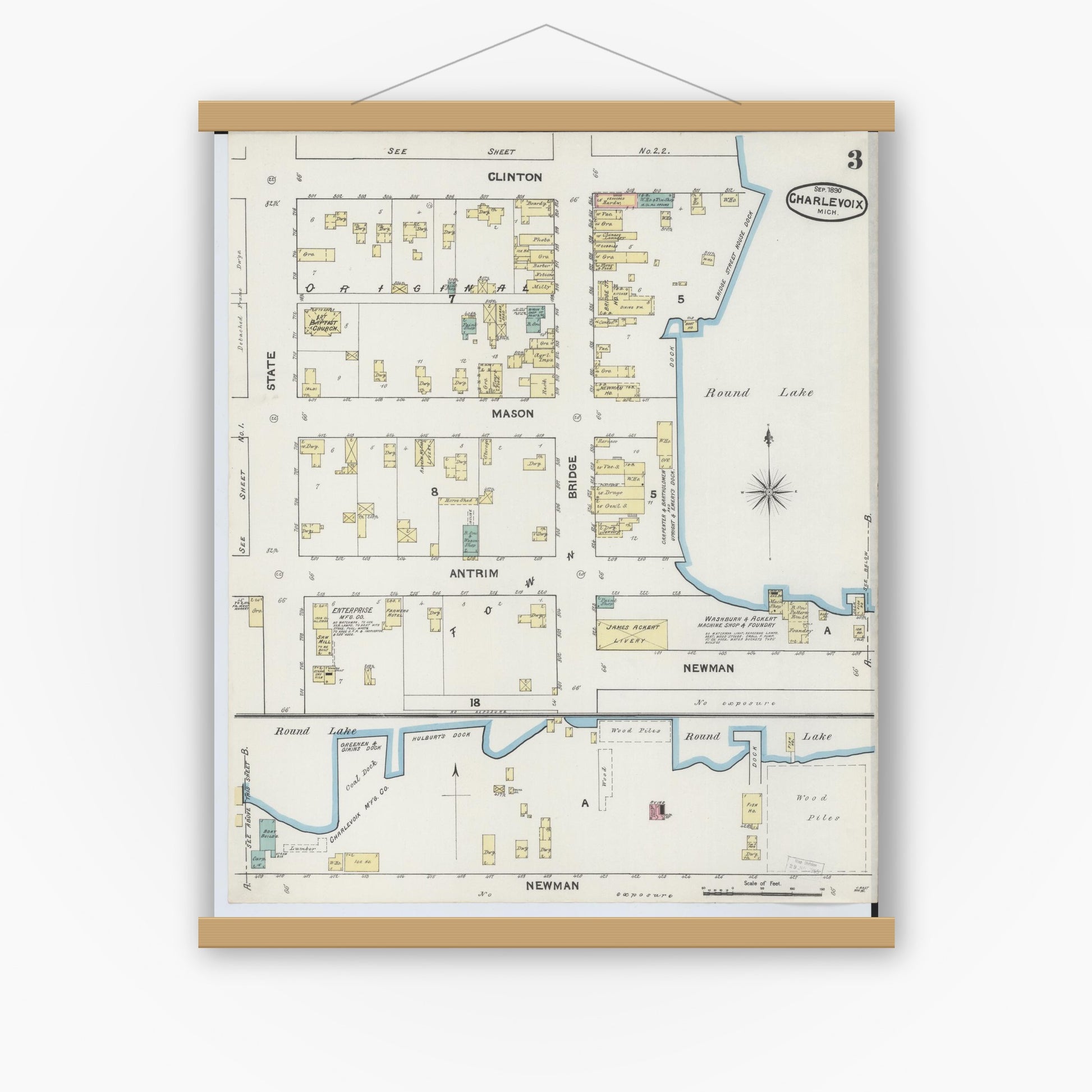 Old map wall art mockup — magnetic wood frame on white wall — Sanborn Fire Insurance Map from Charlevoix, Charlevoix County, Michigan (1890), Sheet #0003