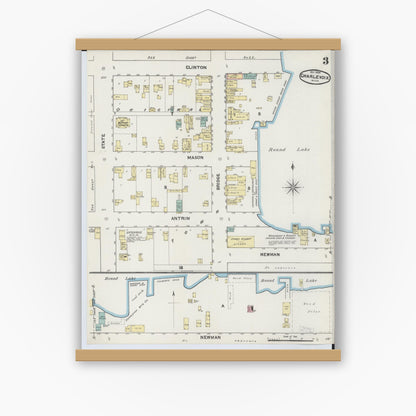 Old map wall art mockup — magnetic wood frame on white wall — Sanborn Fire Insurance Map from Charlevoix, Charlevoix County, Michigan (1890), Sheet #0003