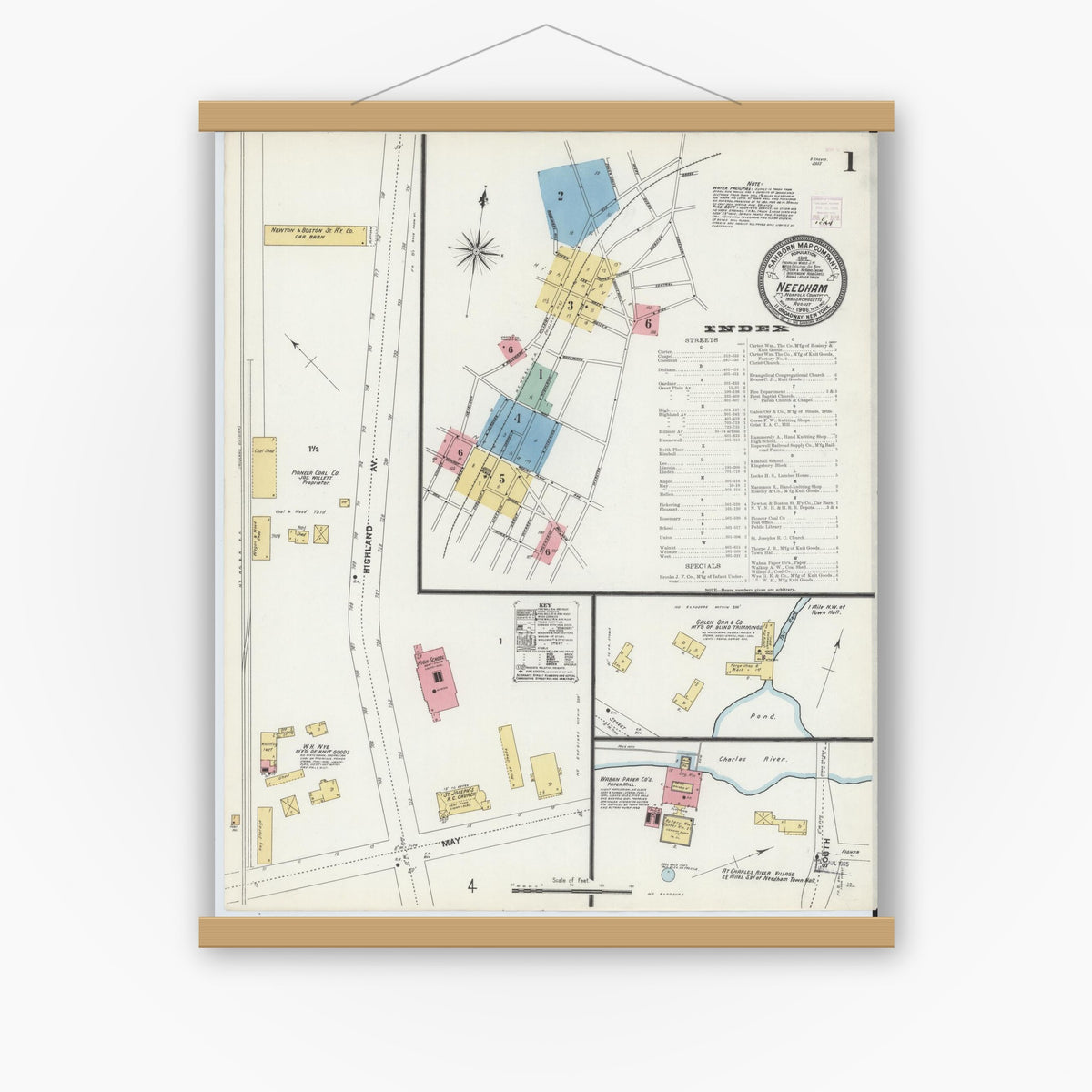 Old map wall art mockup — magnetic wood frame on white wall — Sanborn Fire Insurance Map from Needham, Norfolk County, Massachusetts (1906) - Complete Map Set