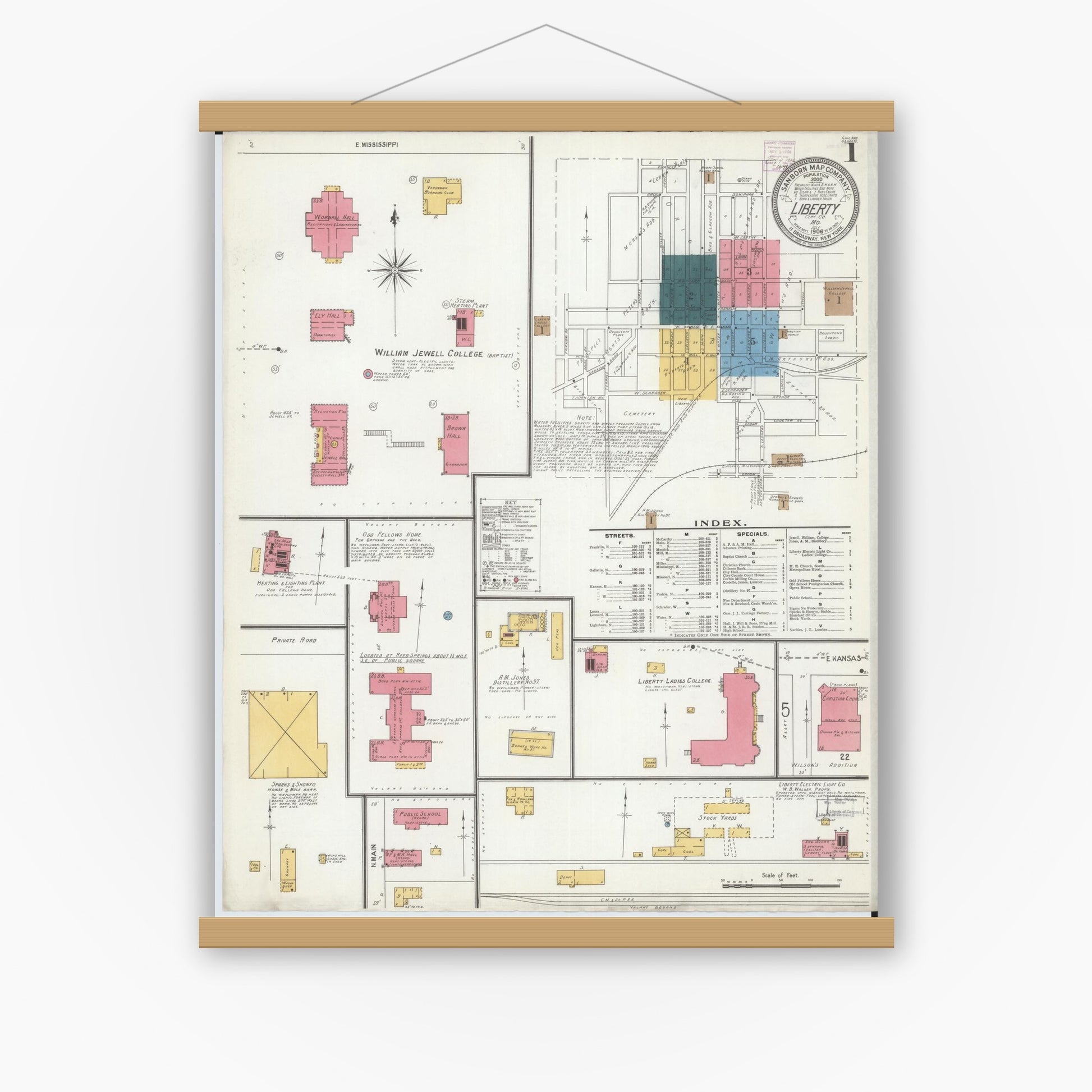 Old map wall art mockup — magnetic wood frame on white wall — Sanborn Fire Insurance Map from Liberty, Clay County, Missouri (1906) - Complete Map Set