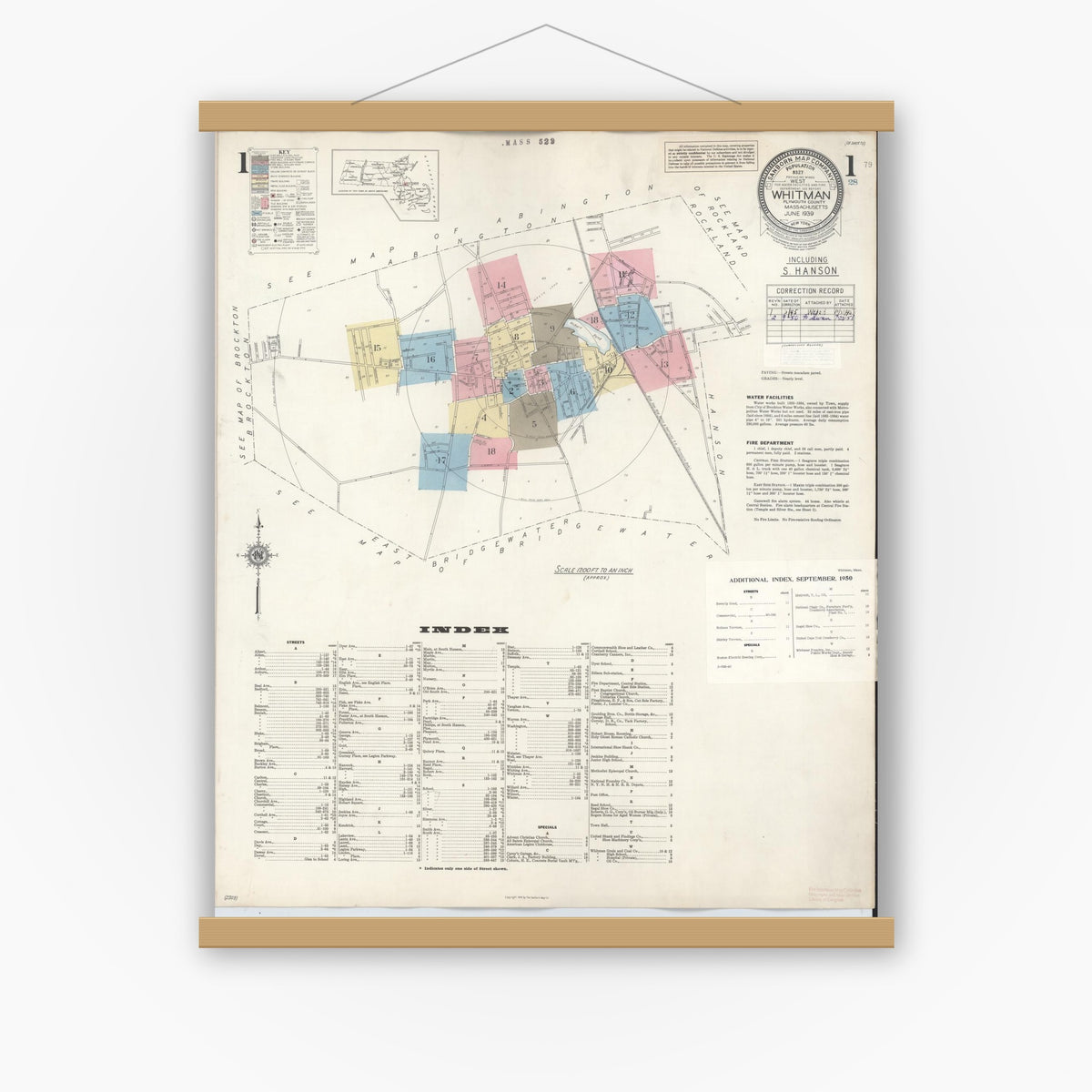 Old map wall art mockup — magnetic wood frame on white wall — Sanborn Fire Insurance Map from Whitman, Plymouth County, Massachusetts (1950) - Complete Map Set