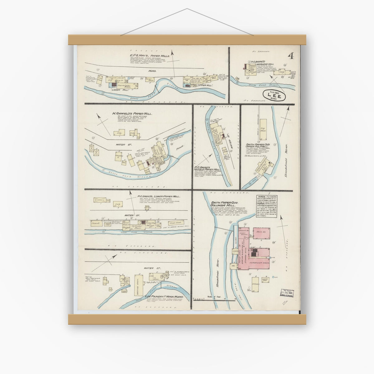 Old map wall art mockup — magnetic wood frame on white wall — Sanborn Fire Insurance Map from Lee, Berkshire County, Massachusetts (1884), Sheet #0004