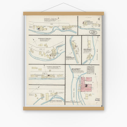 Old map wall art mockup — magnetic wood frame on white wall — Sanborn Fire Insurance Map from Lee, Berkshire County, Massachusetts (1884), Sheet #0004