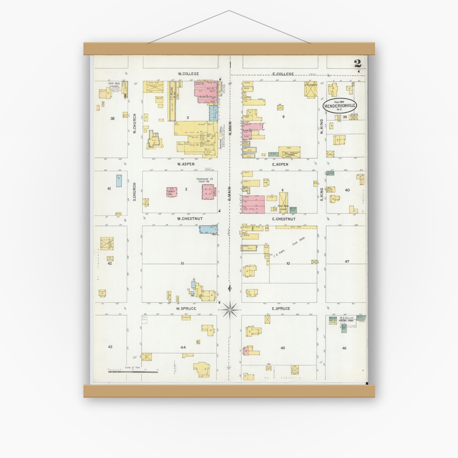Old map wall art mockup — magnetic wood frame on white wall — Sanborn Fire Insurance Map from Hendersonville, Henderson County, North Carolina (1901), Sheet #0002