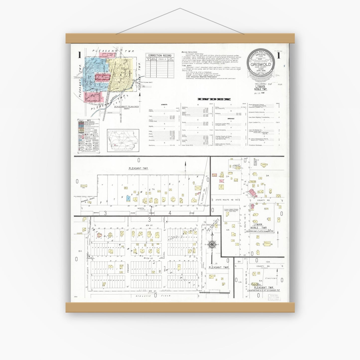 Old map wall art mockup — magnetic wood frame on white wall — Sanborn Fire Insurance Map from Griswold, Cass County, Iowa (1948) â€” Complete Set
