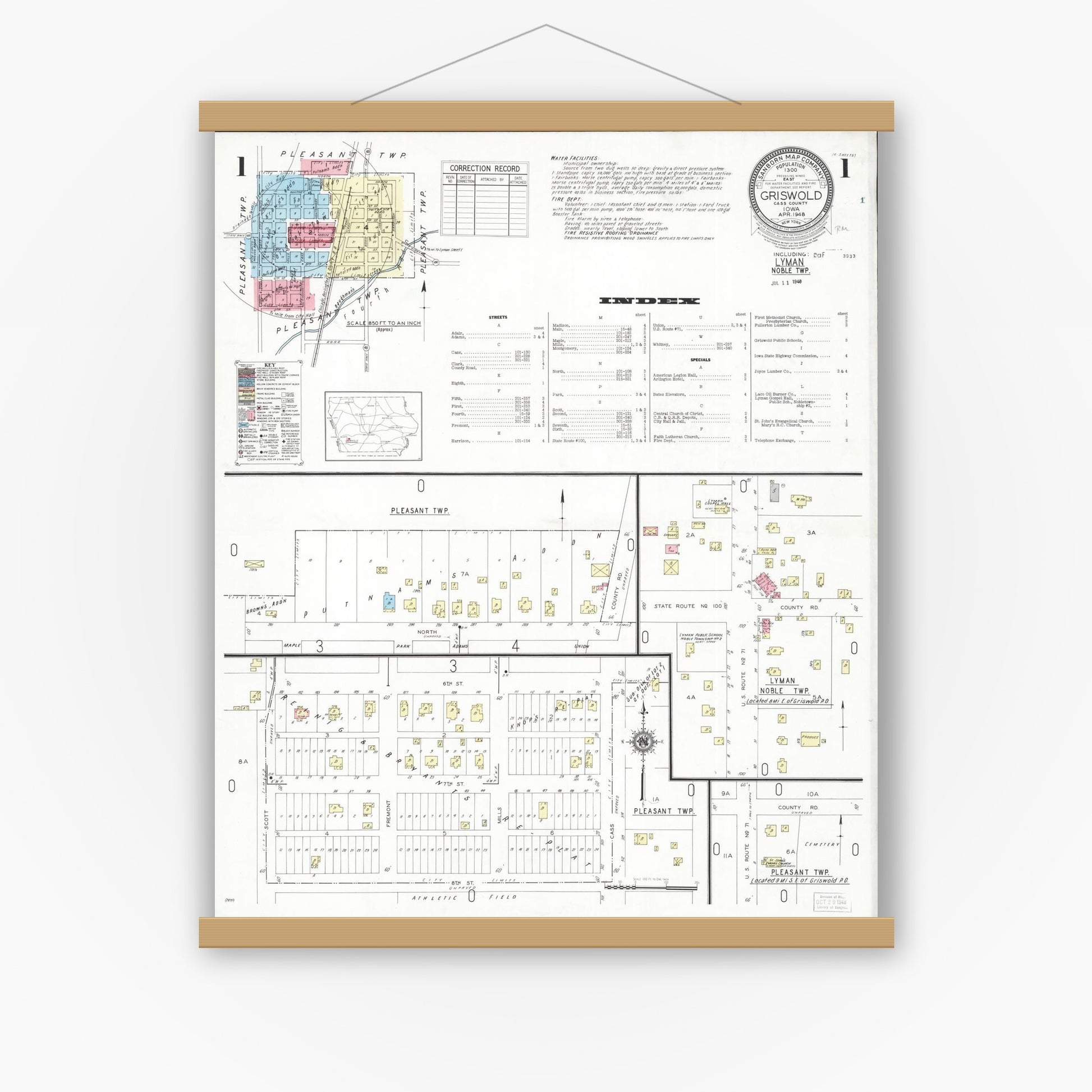 Old map wall art mockup — magnetic wood frame on white wall — Sanborn Fire Insurance Map from Griswold, Cass County, Iowa (1948) â€” Complete Set