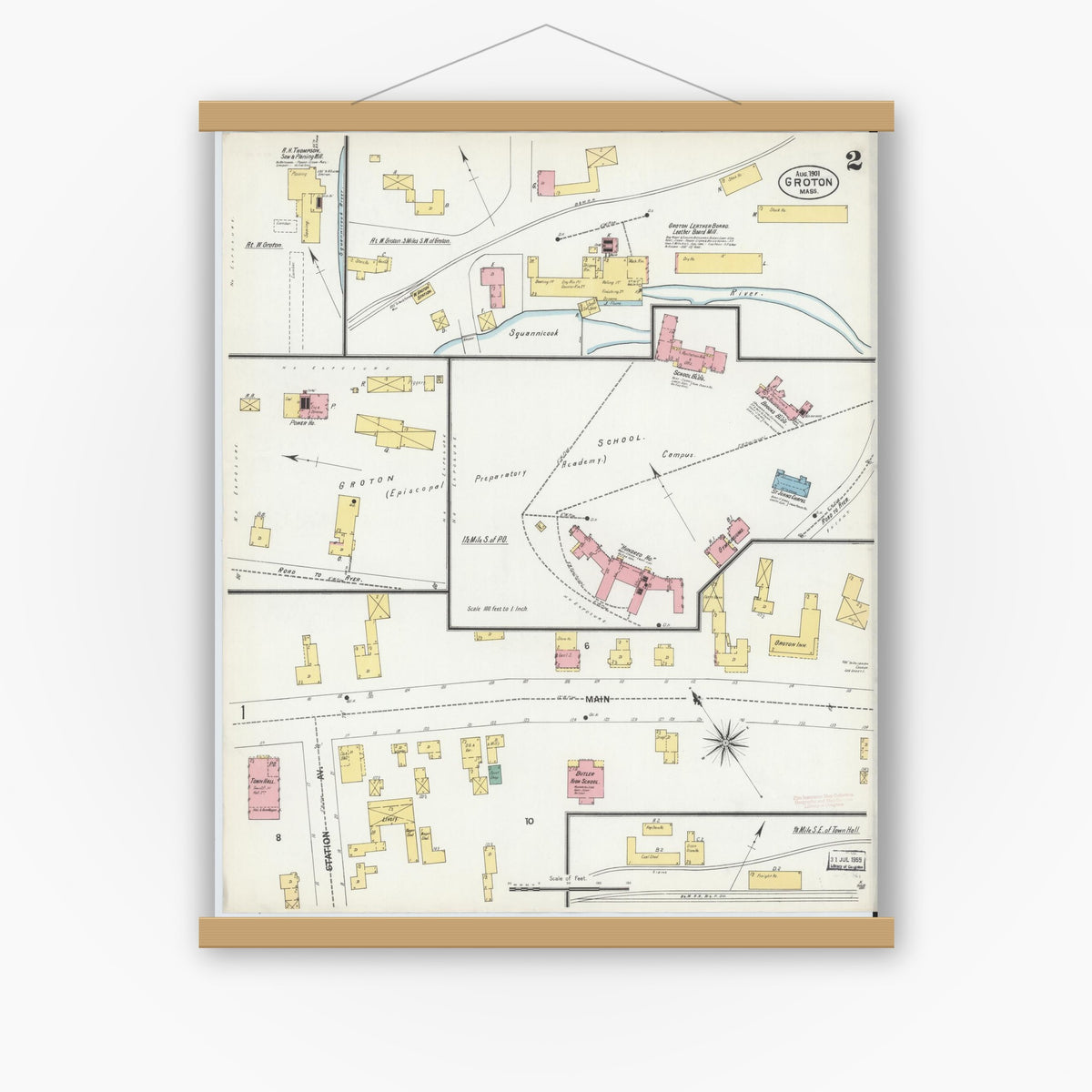 Old map wall art mockup — magnetic wood frame on white wall — Sanborn Fire Insurance Map from Groton, Middlesex County, Massachusetts (1901), Sheet #0002