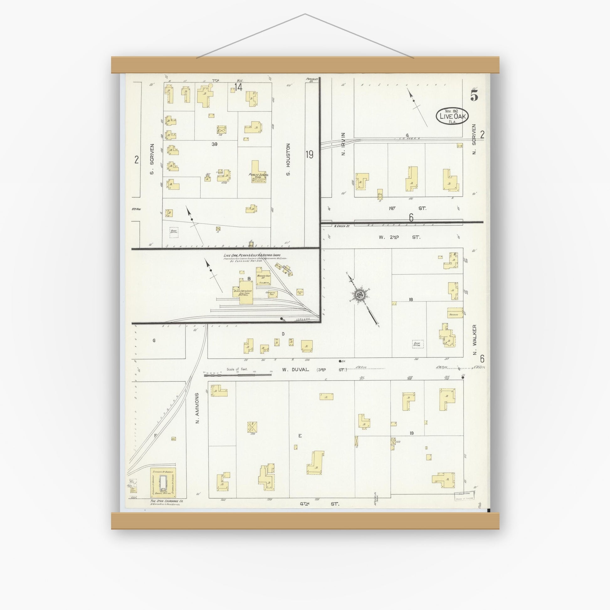 Old map wall art mockup — magnetic wood frame on white wall — Sanborn Fire Insurance Map from Live Oak, Suwanee County, Florida (1912), Sheet #0005