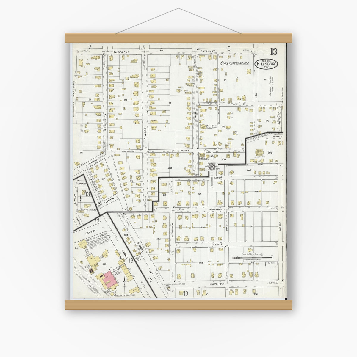 Old map wall art mockup — magnetic wood frame on white wall — Sanborn Fire Insurance Map from Hillsboro, Hill County, Texas (1918), Sheet #0013