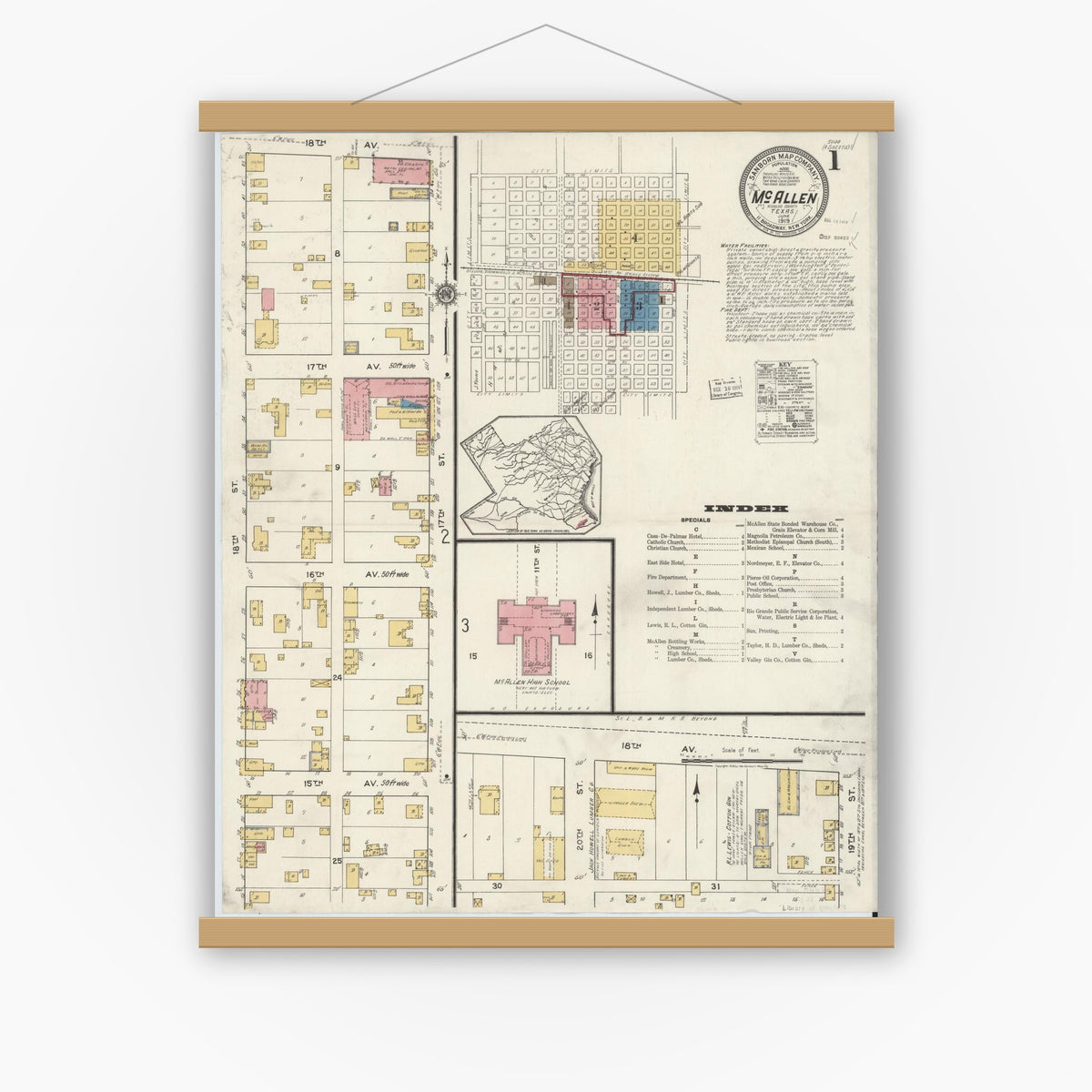 Old map wall art mockup — magnetic wood frame on white wall — Sanborn Fire Insurance Map from McAllen, Hidalgo County, Texas (1919) - Complete Map Set