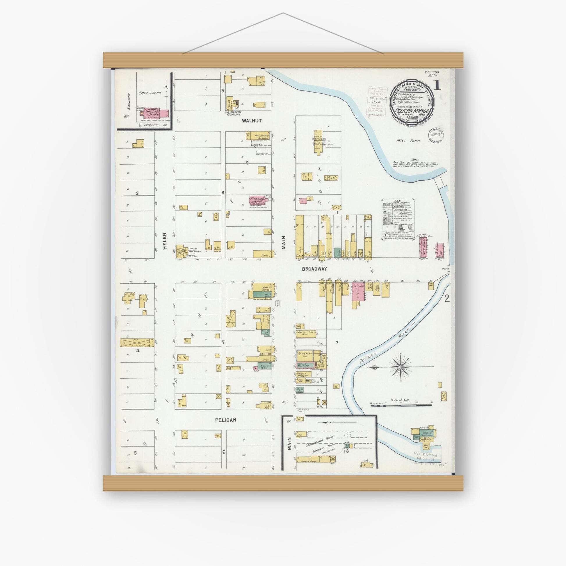 Old map wall art mockup — magnetic wood frame on white wall — Sanborn Fire Insurance Map from Pelican Rapids, Otter Tail County, Minnesota (1899), Sheet #0001