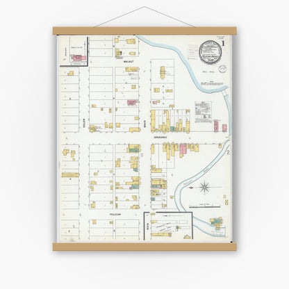 Old map wall art mockup — magnetic wood frame on white wall — Sanborn Fire Insurance Map from Pelican Rapids, Otter Tail County, Minnesota (1899), Sheet #0001