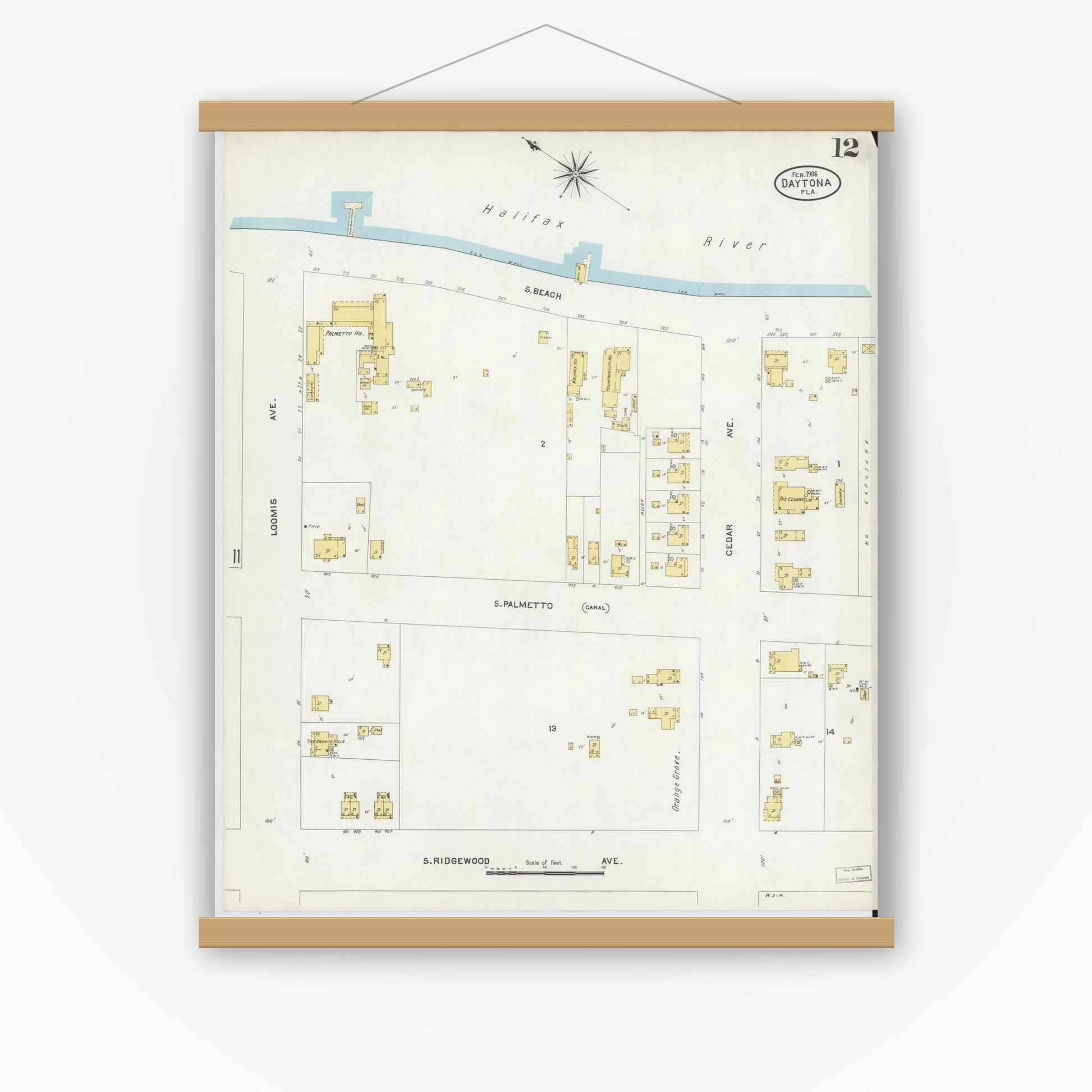 Old map wall art mockup — magnetic wood frame on white wall — Sanborn Fire Insurance Map from Daytona, Volusia County, Florida (1906), Sheet #0012
