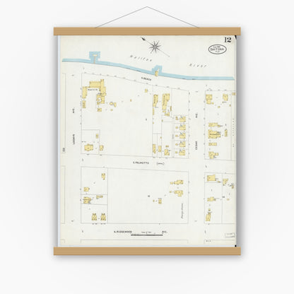 Old map wall art mockup — magnetic wood frame on white wall — Sanborn Fire Insurance Map from Daytona, Volusia County, Florida (1906), Sheet #0012