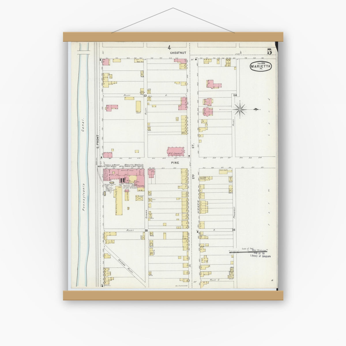 Old map wall art mockup — magnetic wood frame on white wall — Sanborn Fire Insurance Map from Marietta, Lancaster County, Pennsylvania (1896), Sheet #0005