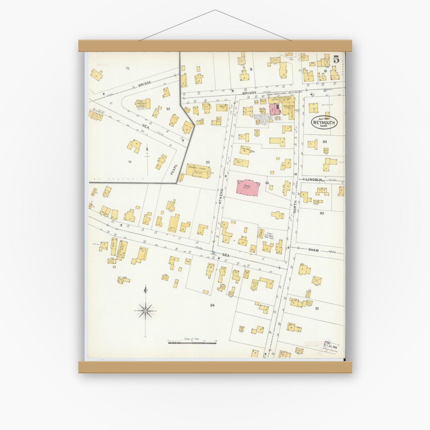 Old map wall art mockup — magnetic wood frame on white wall — Sanborn Fire Insurance Map from Weymouth, Norfolk County, Massachusetts (1904), Sheet #0005