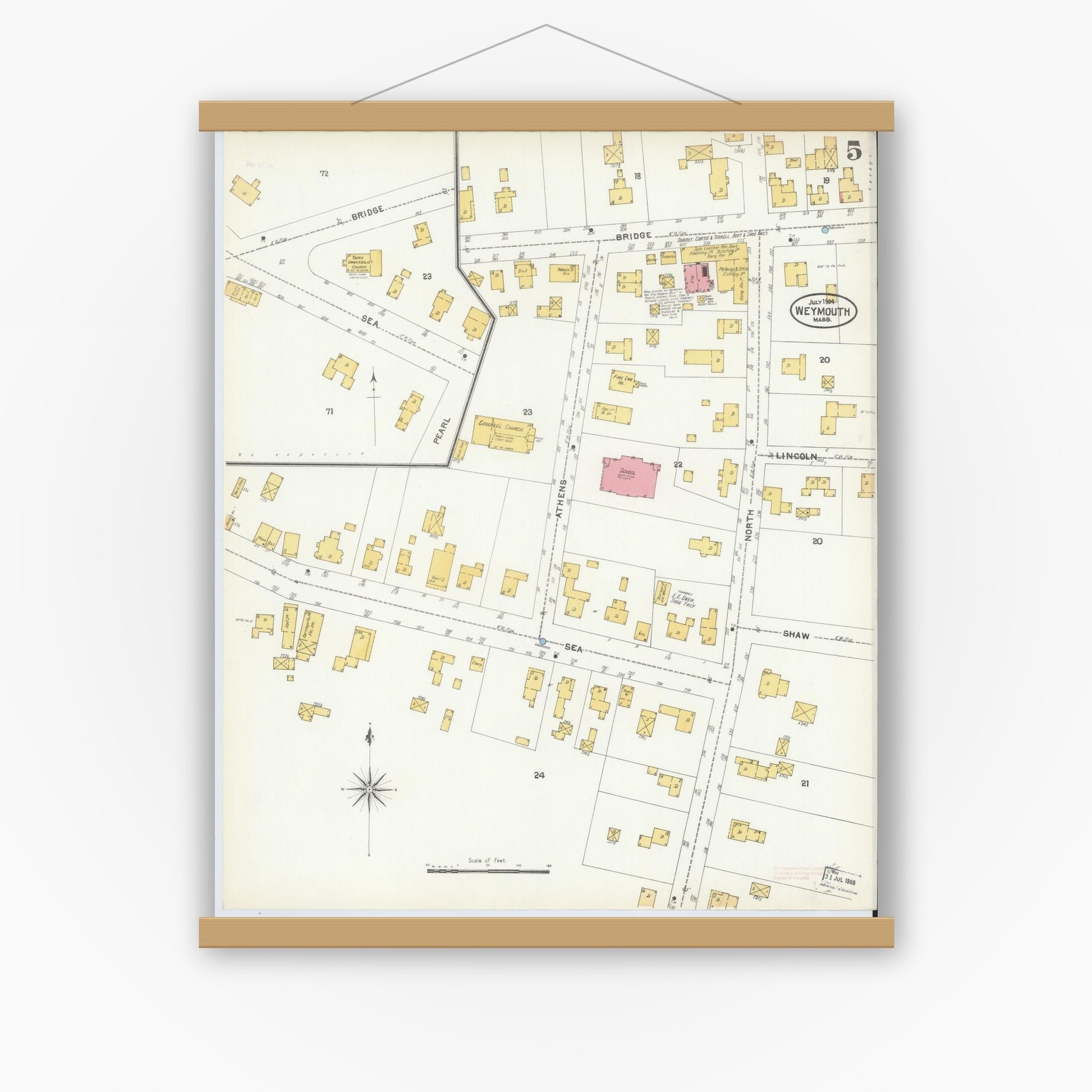 Old map wall art mockup — magnetic wood frame on white wall — Sanborn Fire Insurance Map from Weymouth, Norfolk County, Massachusetts (1904), Sheet #0005