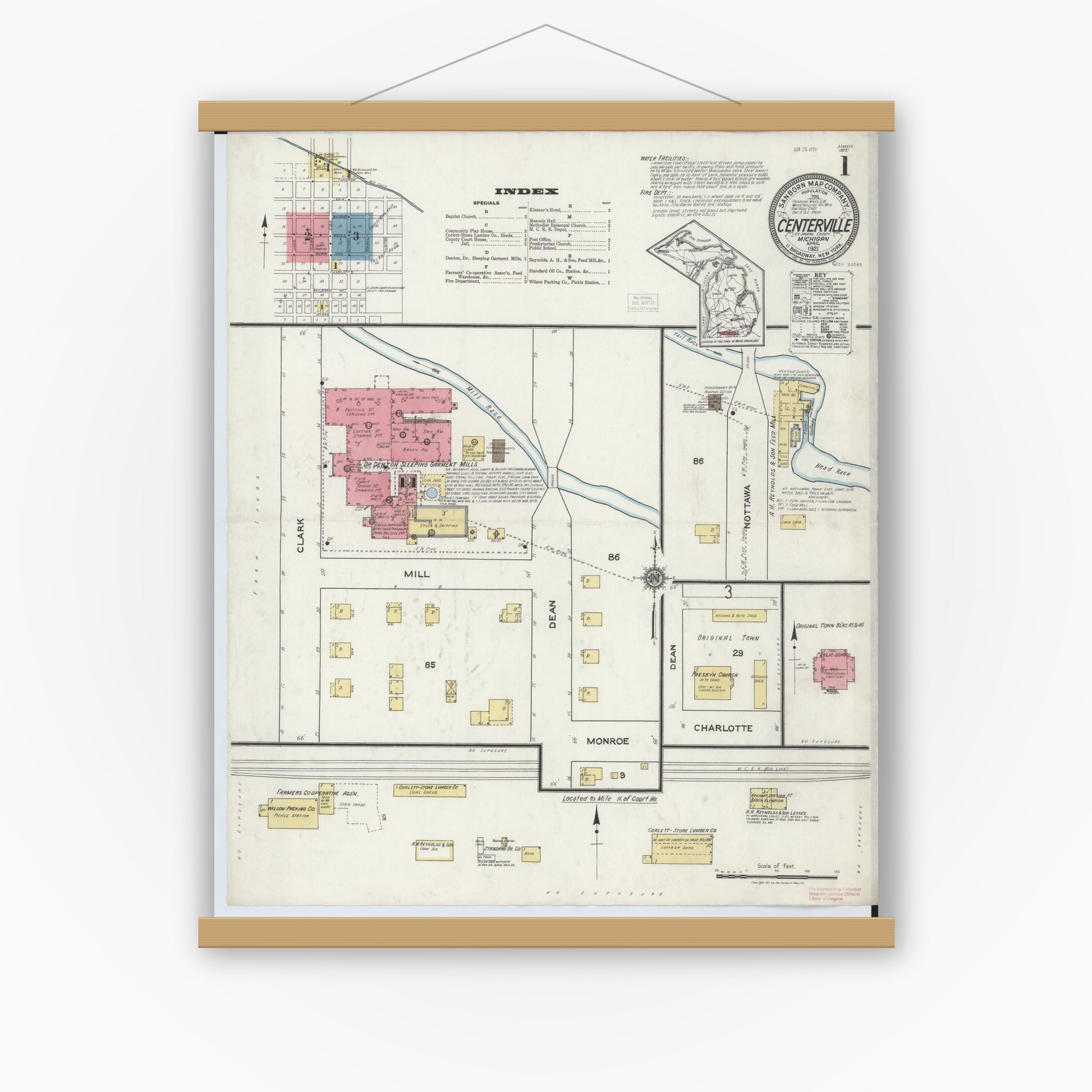Old map wall art mockup — magnetic wood frame on white wall — Sanborn Fire Insurance Map from Centreville, Saint Joseph County, Michigan (1921) - Complete Map Set