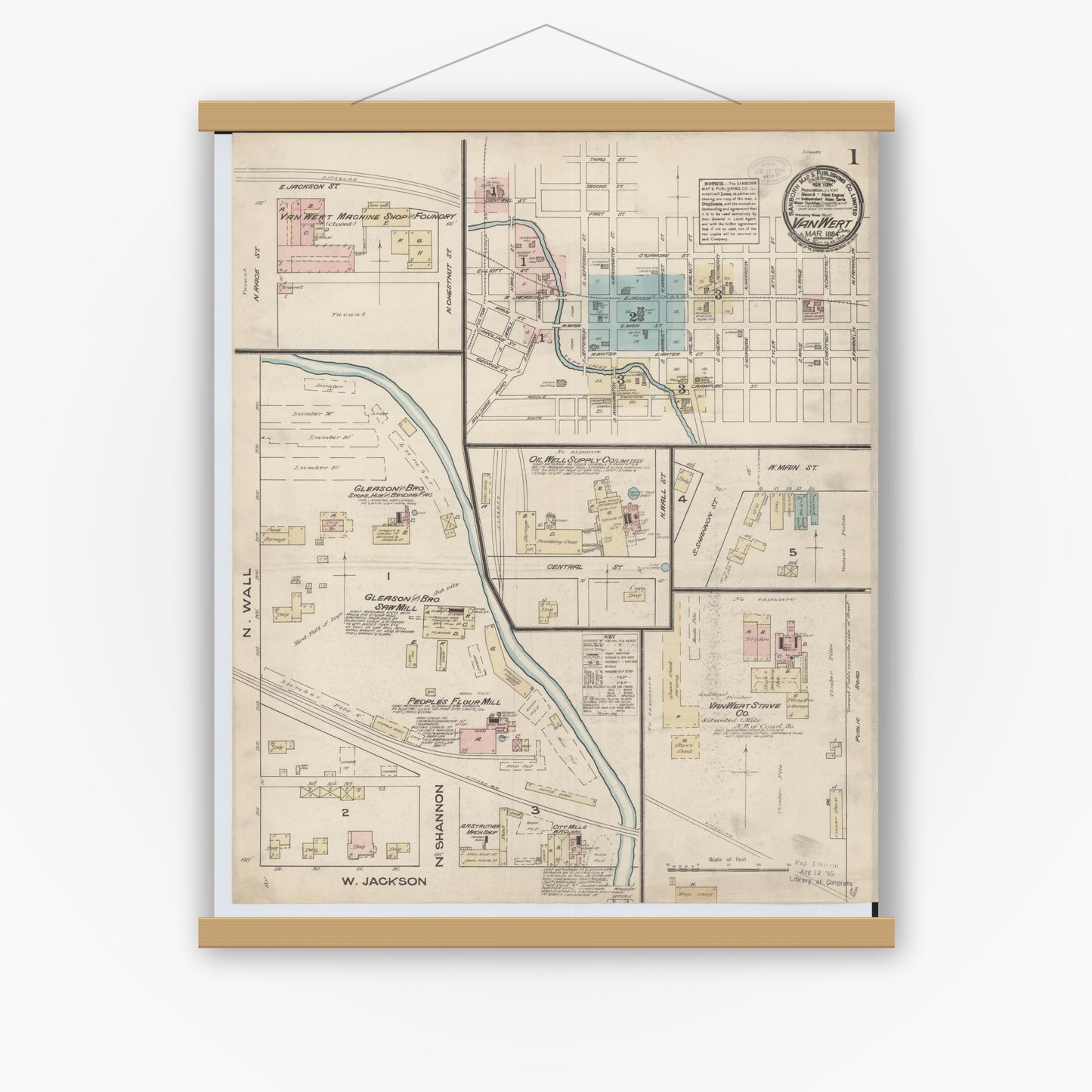 Old map wall art mockup — magnetic wood frame on white wall — Sanborn Fire Insurance Map from Van Wert, Van Wert County, Ohio (1884) - Complete Map Set