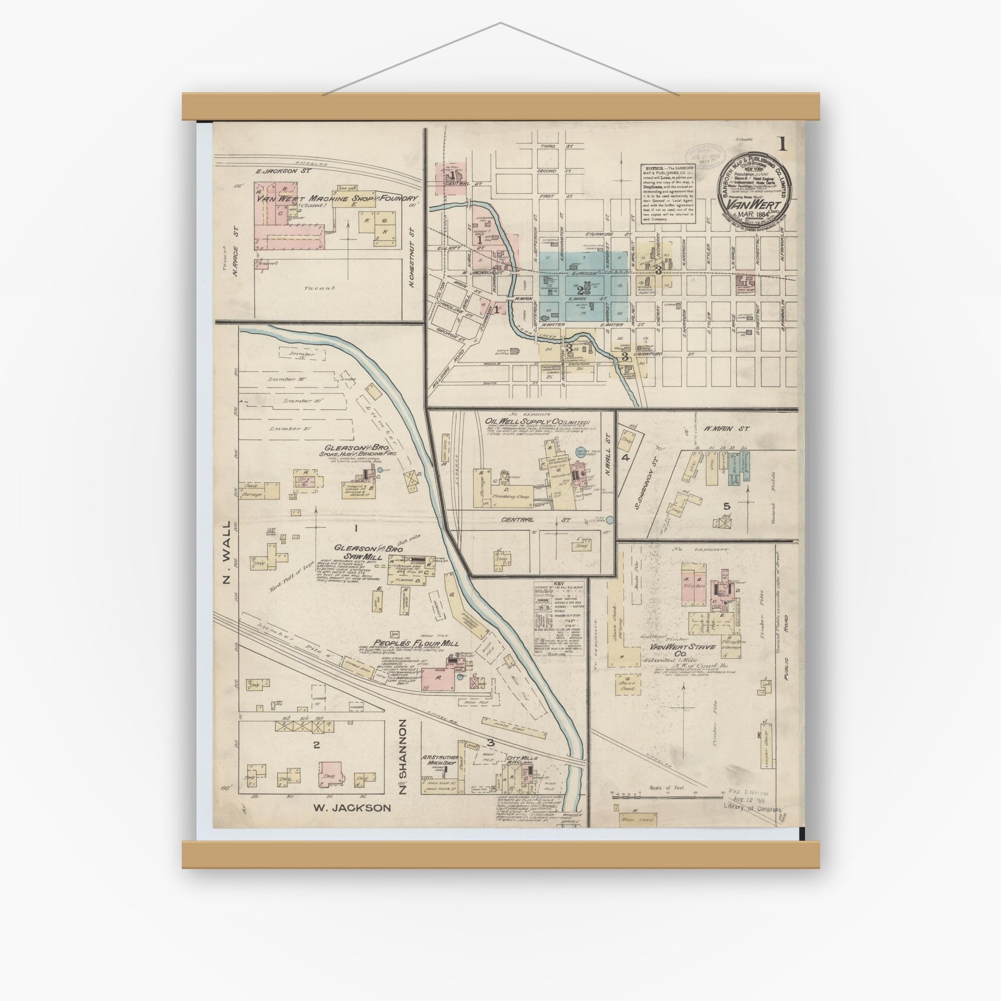 Old map wall art mockup — magnetic wood frame on white wall — Sanborn Fire Insurance Map from Van Wert, Van Wert County, Ohio (1884) - Complete Map Set